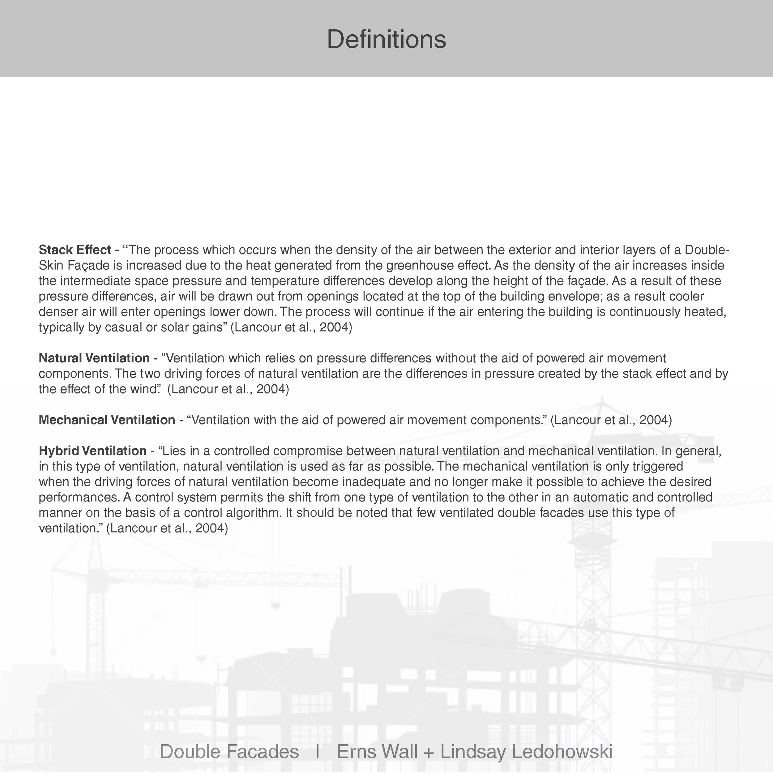 Book page with text about definitions of ventilation types, including stack effect, natural ventilation, mechanical ventilation, and hybrid ventilation.