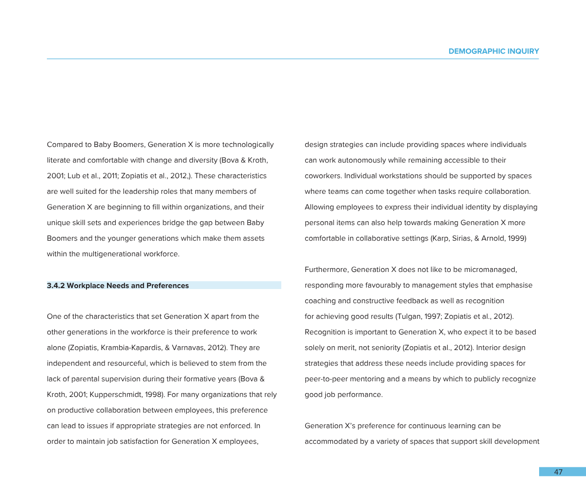 A page from a report or article, titled 'Demographic Inquiry', discussing Generation X's workplace needs and preferences, with highlighted section '3.4.2 Workplace Needs and Preferences', and page number 47 at the bottom.