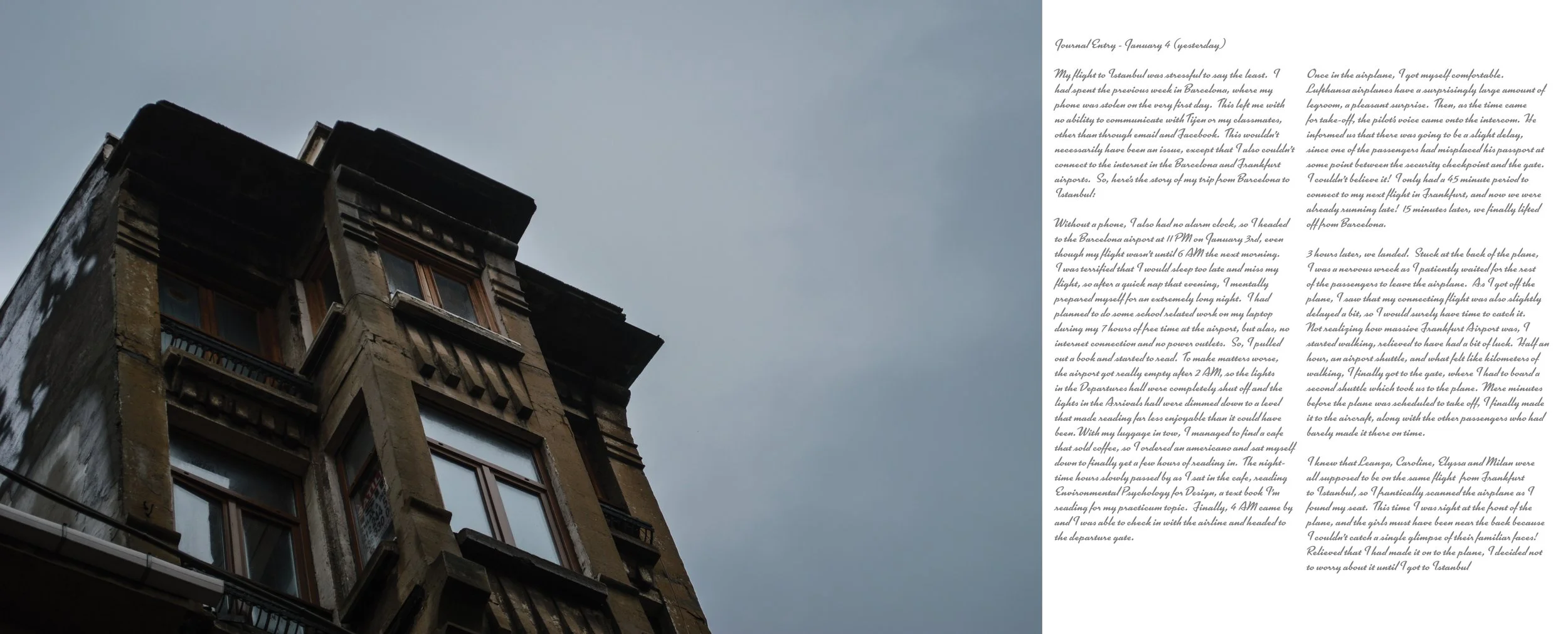 Photo of an old building with brick exterior and several windows, against a gray cloudy sky.