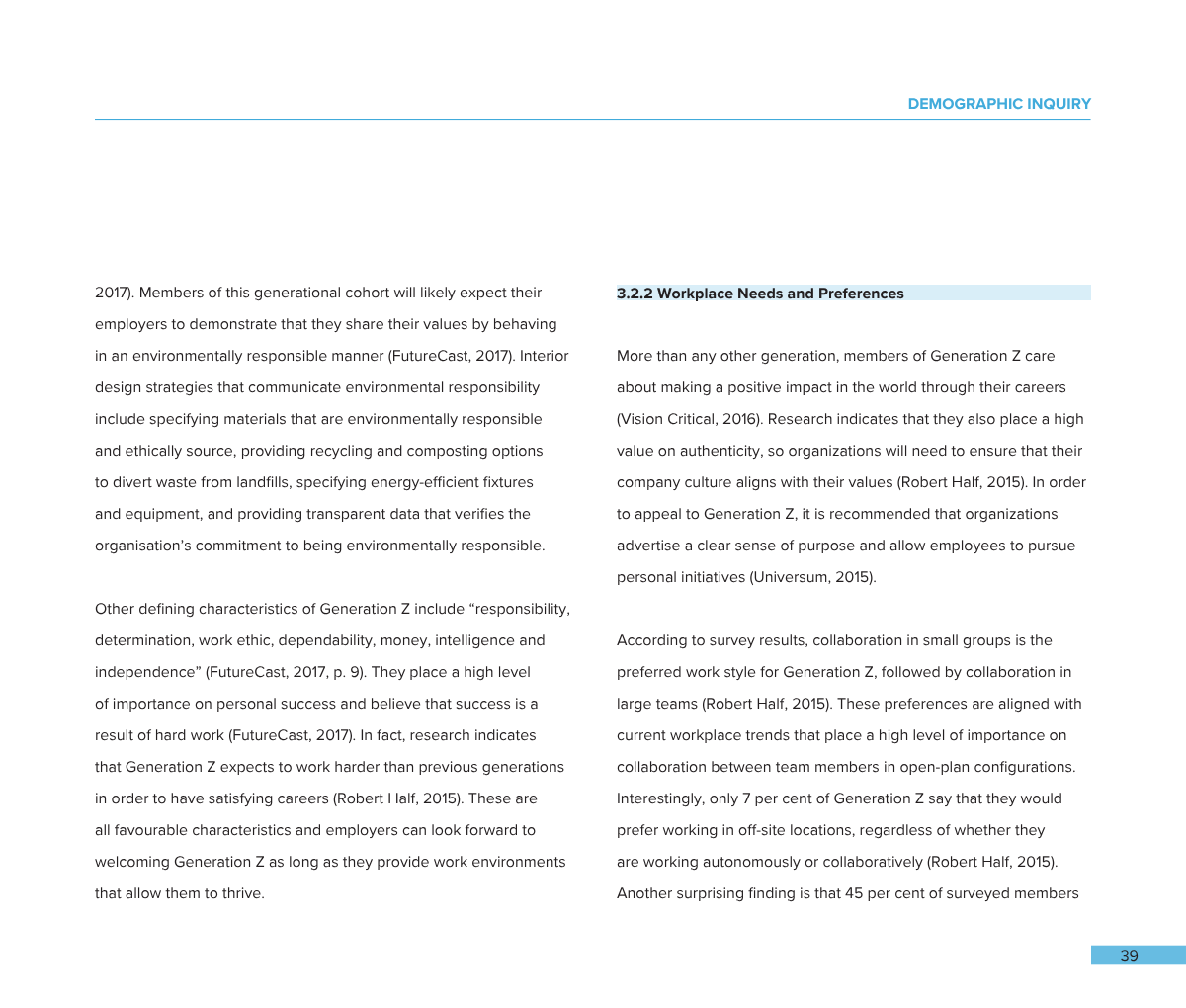 Page from a report or document discussing demographic inquiry, focusing on workplace needs and preferences of Generation Z workers, including their environmental responsibility, work style, and collaboration preferences.