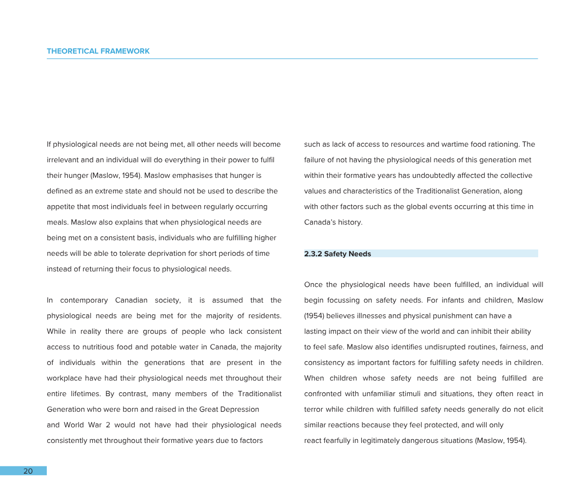 Page number 20 of a document, showing a section titled 'THEORETICAL FRAMEWORK' with text discussing Maslow's hierarchy of needs, focusing on physiological and safety needs.