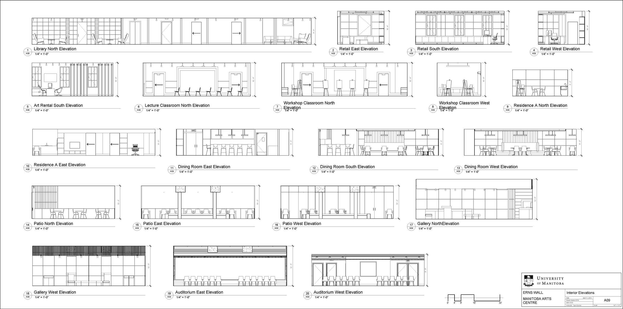Architectural blueprint of interior elevations for various rooms at the University of Manitoba Arts Centre, including library, art rental, lecture and workshop classrooms, residence, dining rooms, patios, gallery, and auditoriums, with detailed measu