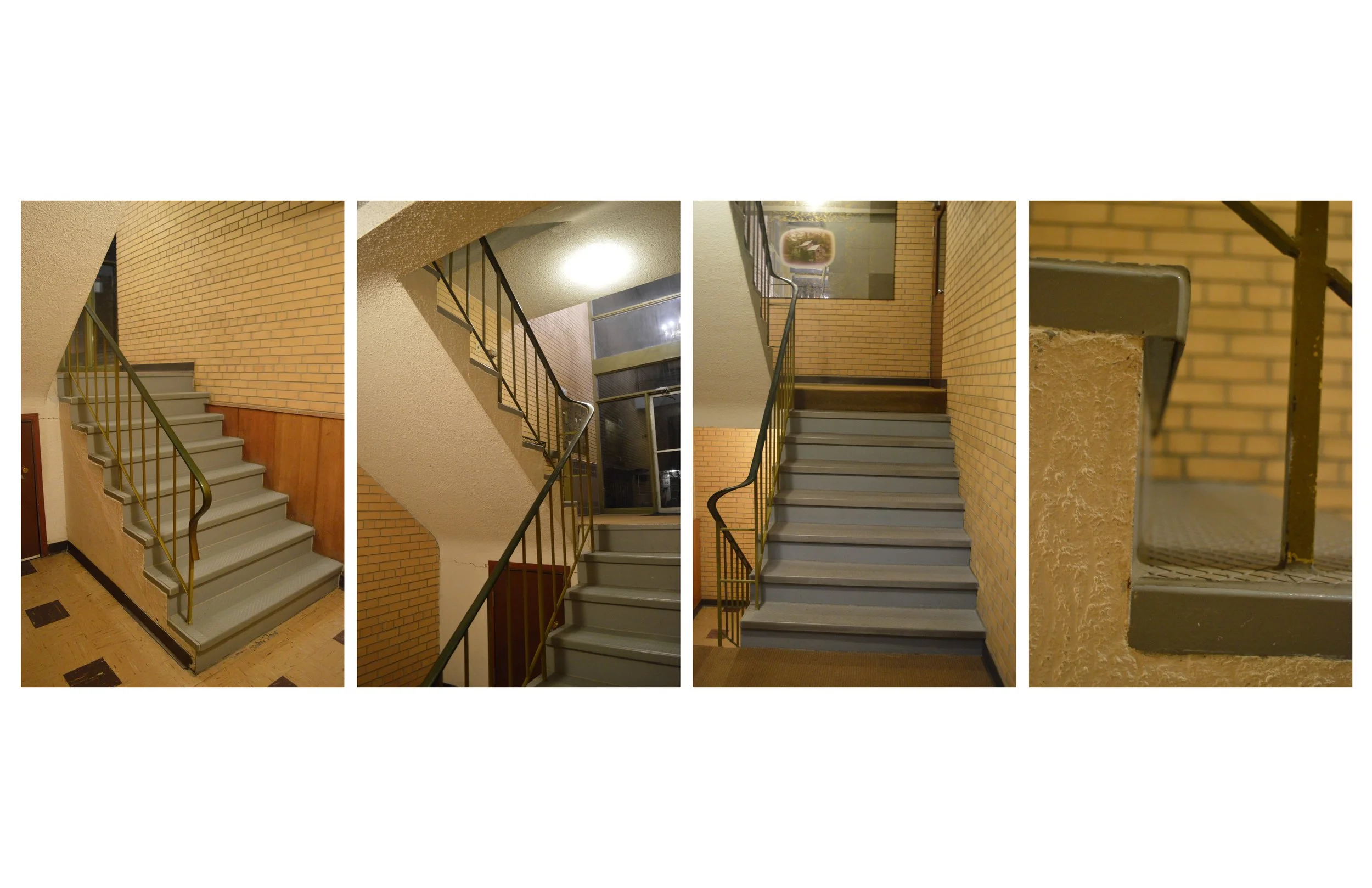 A collage of four photos of an indoor staircase with brick walls, metal handrails, and a carpeted landing.