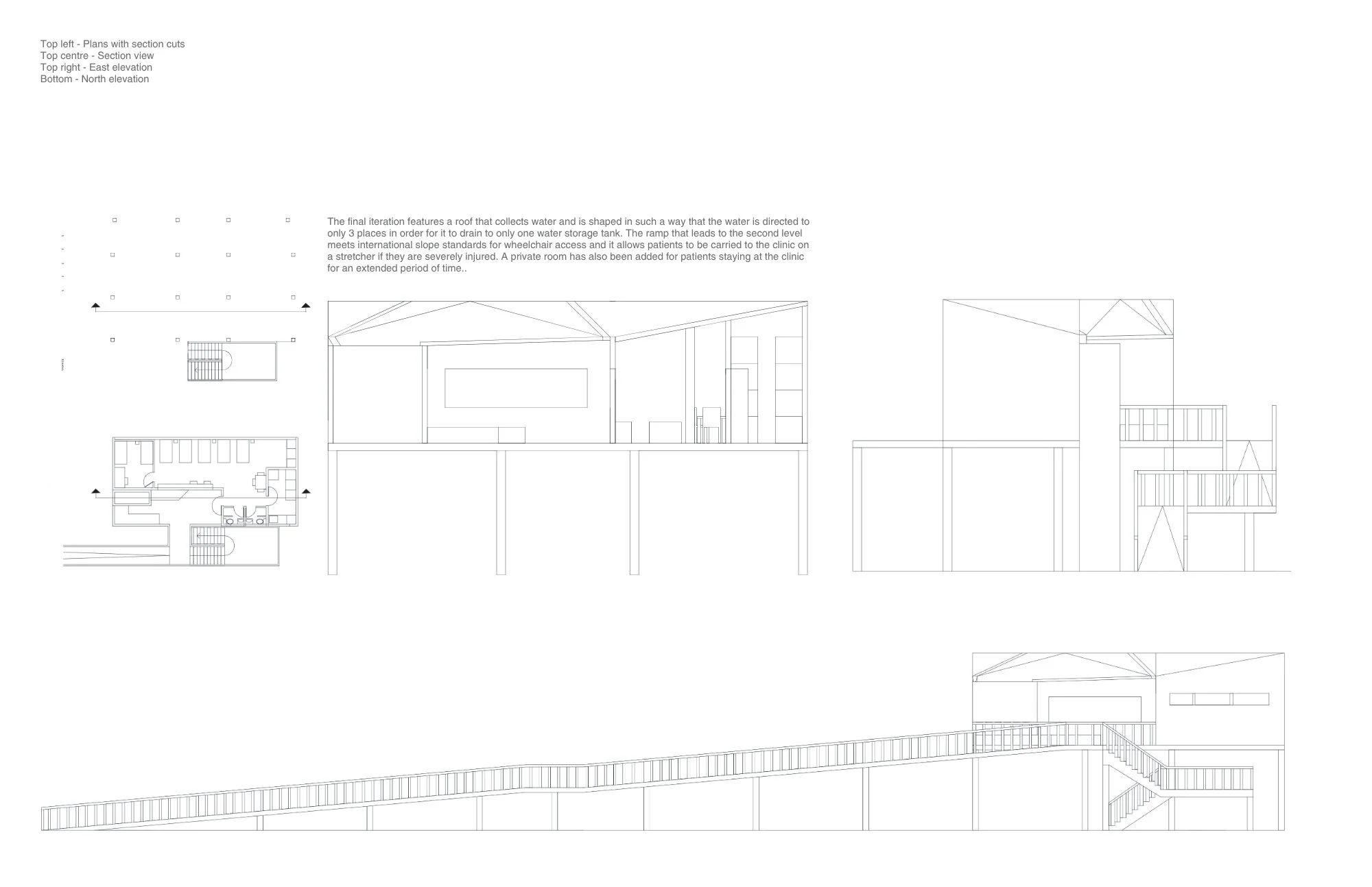Top left - Plans with section cuts Top centre - Section view
Top right - East elevation
Bottom - North elevation

The final iteration features a roof that collects water and is shaped in such a way that the water is directed to only 3 places in order