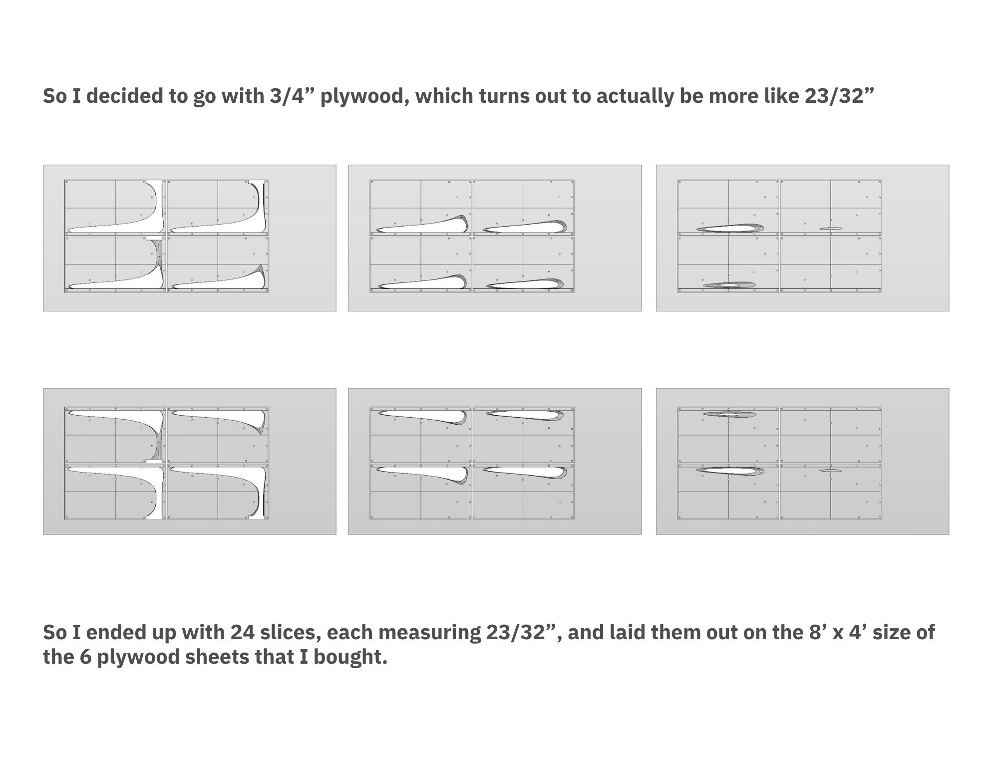 Diagram showing different arrangements of plywood pieces and slices for a woodworking project.