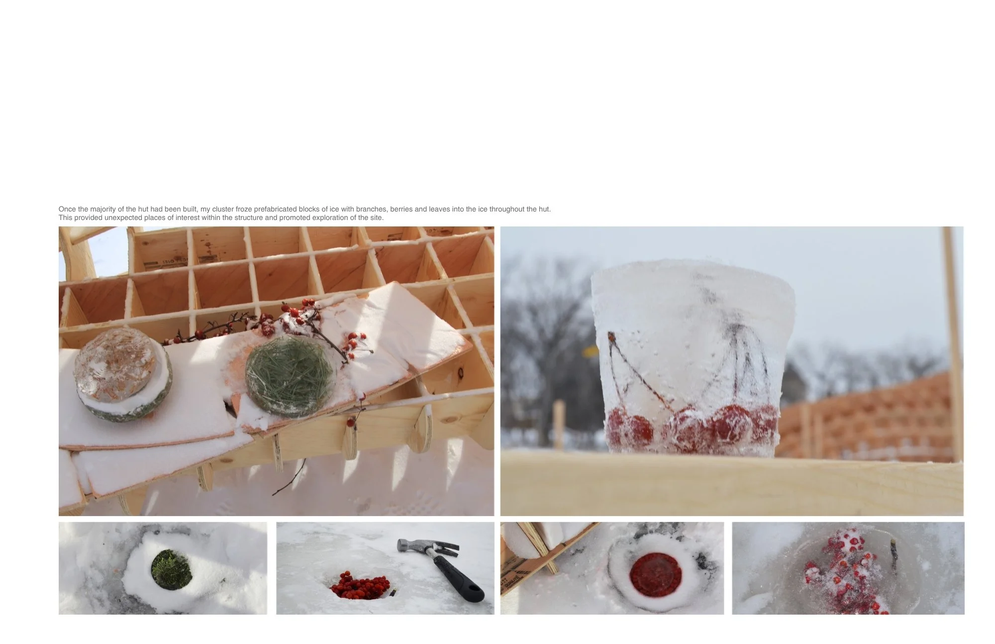 Once the majority of the hut had been built, my cluster froze prefabricated blocks of ice with branches, berries and leaves into the ice throughout the hut. This provided unexpected places of interest within the structure and promoted exploration of 