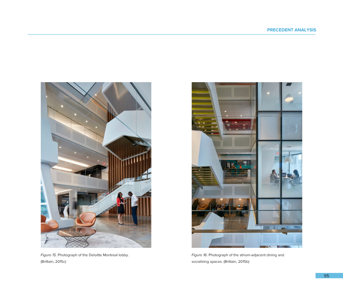 Interior views of modern, multi-story office building with glass walls, staircases, and people working and talking.