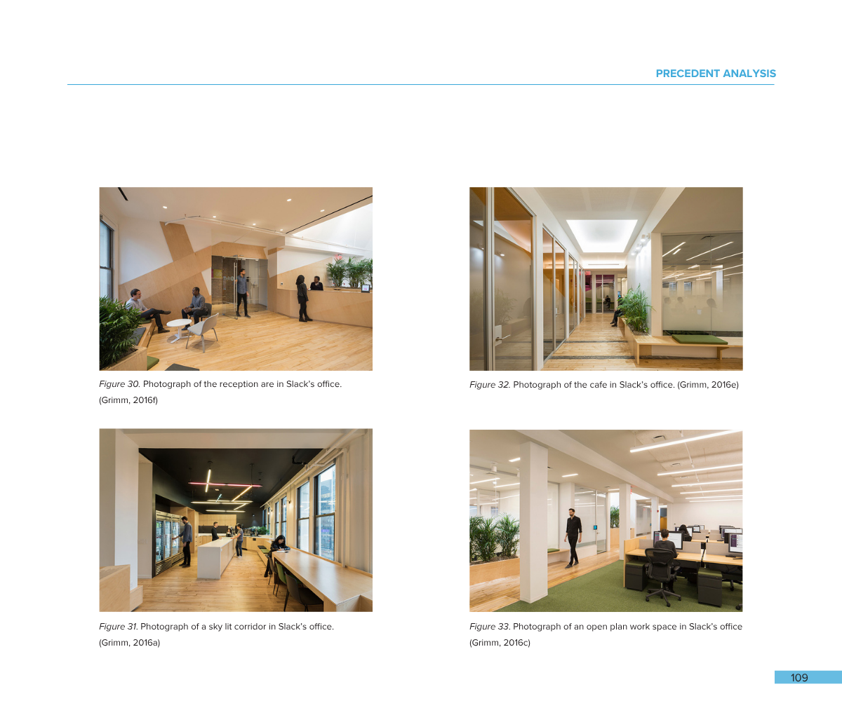 Four photographs of Slack's office interior with modern design. The first shows the reception area with seating and people. The second displays the cafe with glass walls and seating. The third features a sky lit corridor with lighting and seating alo