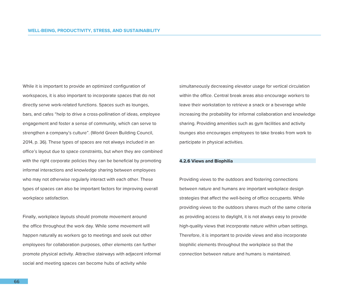 Page from a report or book discussing well-being, productivity, stress, and sustainability, with sections on workspace design and biophilia.