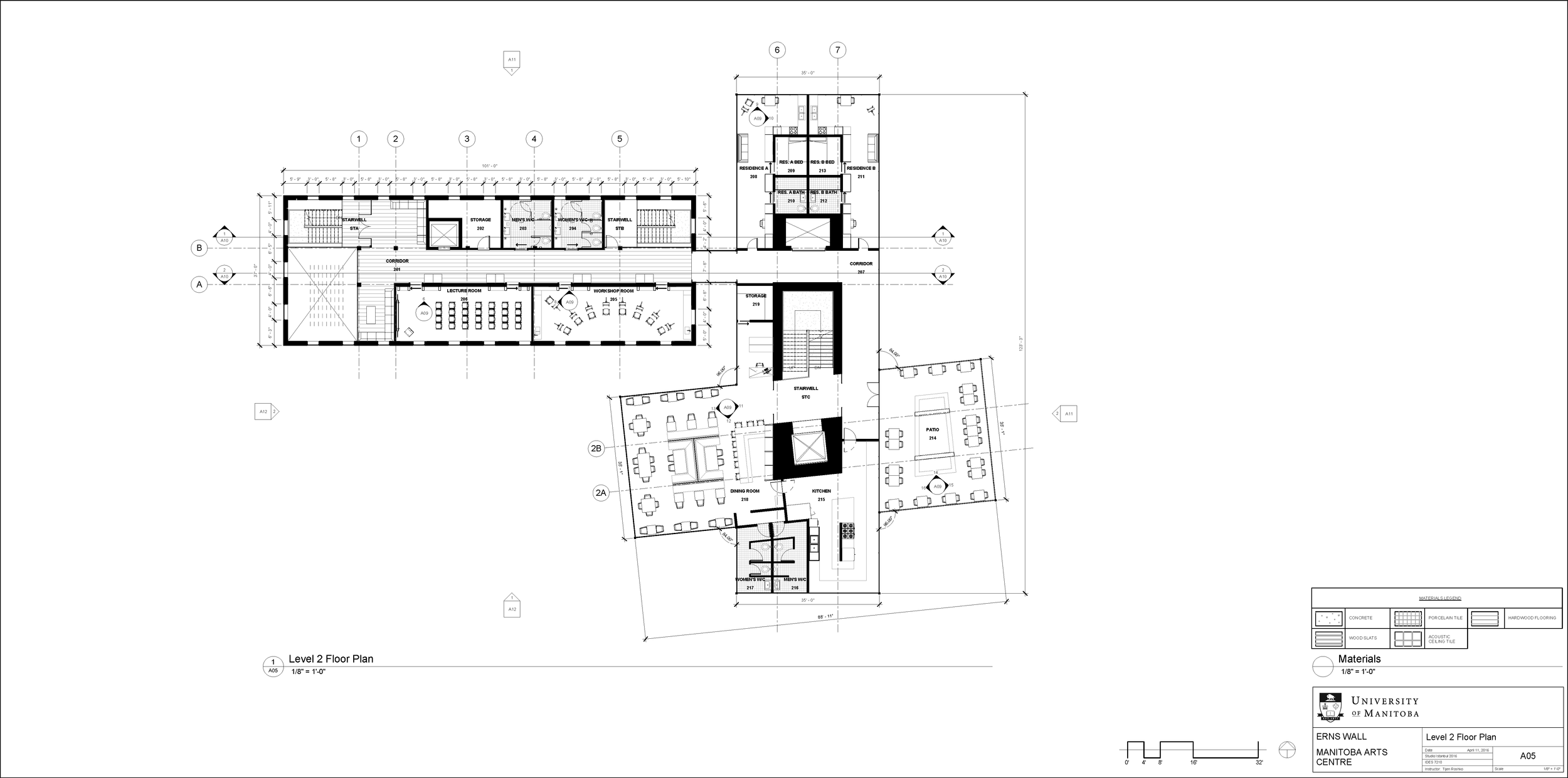 Architectural floor plan of a building's level 2, showing rooms, corridors, stairs, kitchen, dining area, storage, and outdoor patio, with labels and measurements.