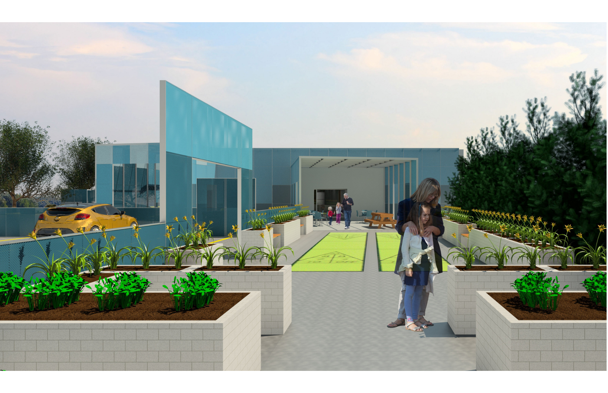 A modern outdoor terrace with landscaping, seating, and a small group of people, including children, enjoying the space. The area features raised flower beds with yellow flowers, a paved pathway, and a large building with blue glass panels in the bac