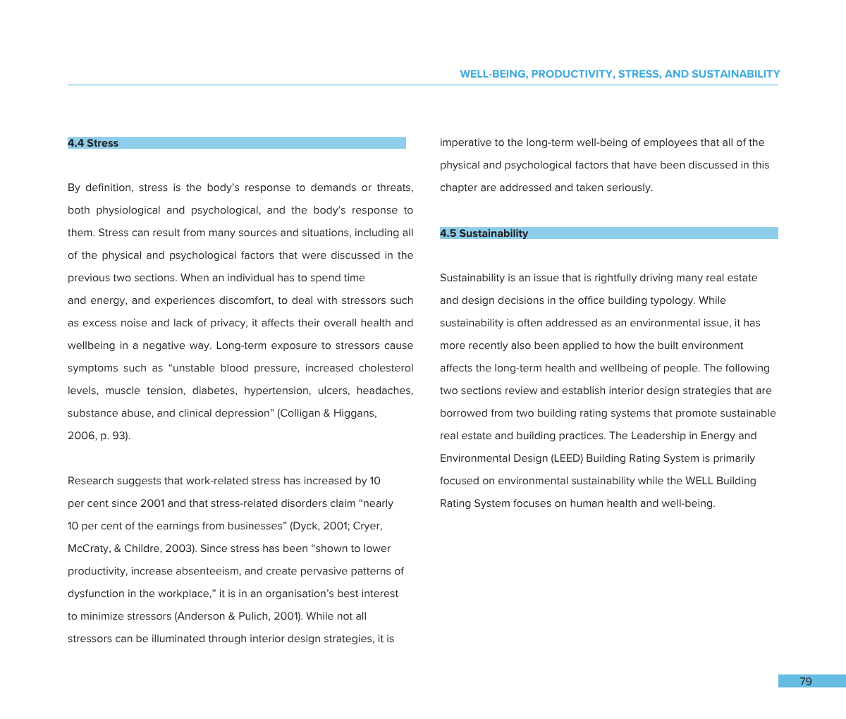 Page from a document discussing well-being, productivity, stress, and sustainability. Highlights include sections on stress and sustainability with blue headers, page number 79 at the bottom right.