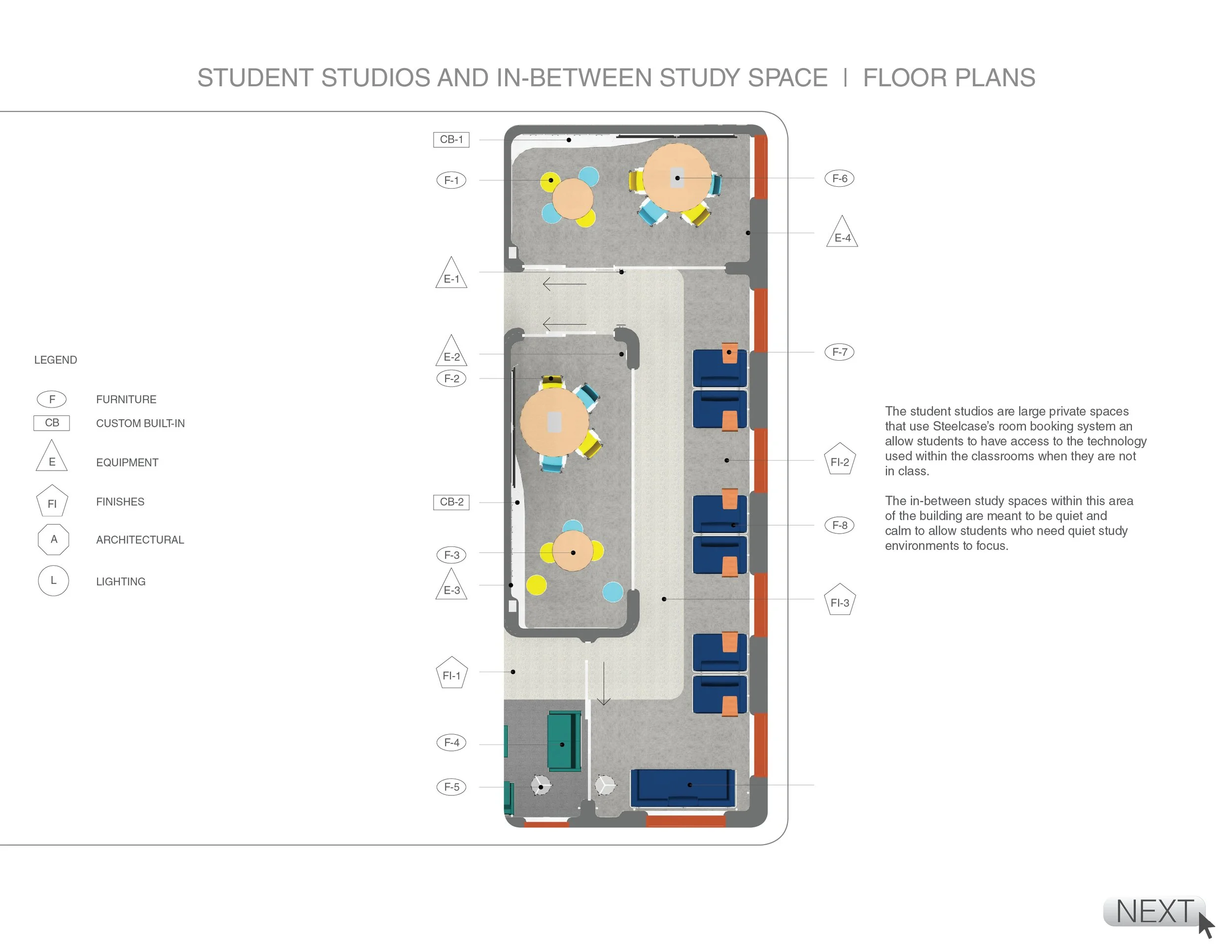 Floor plan of a student study and in-between study space showing various seating areas, furniture, and equipment.