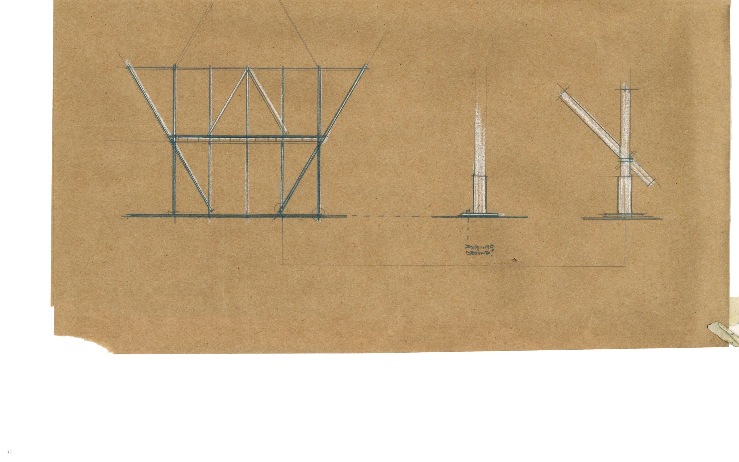 Sketch of a steel framework structure with multiple vertical and diagonal beams, and annotation notes, on brown paper.