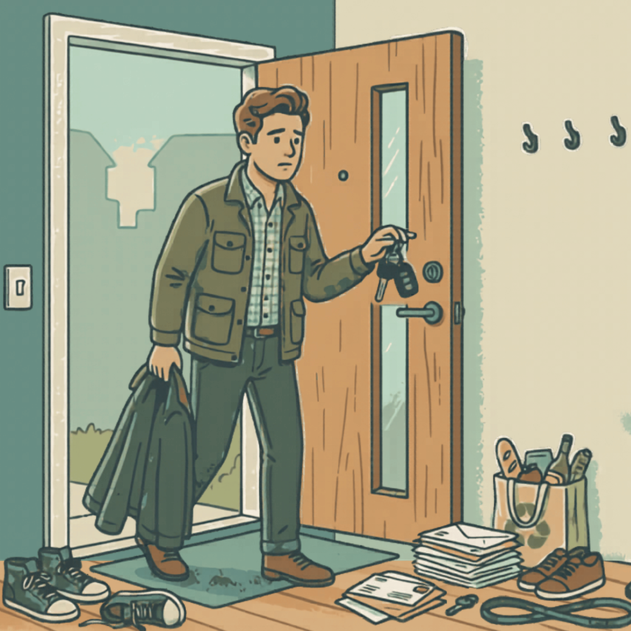 A young man in casual clothing stands inside a messy room, looking at his cell phone. The floor is cluttered with sneakers and various scattered papers, shoes, and a pile of books or magazines. There are coats hanging on hooks on the wall and a tall mirror behind him.