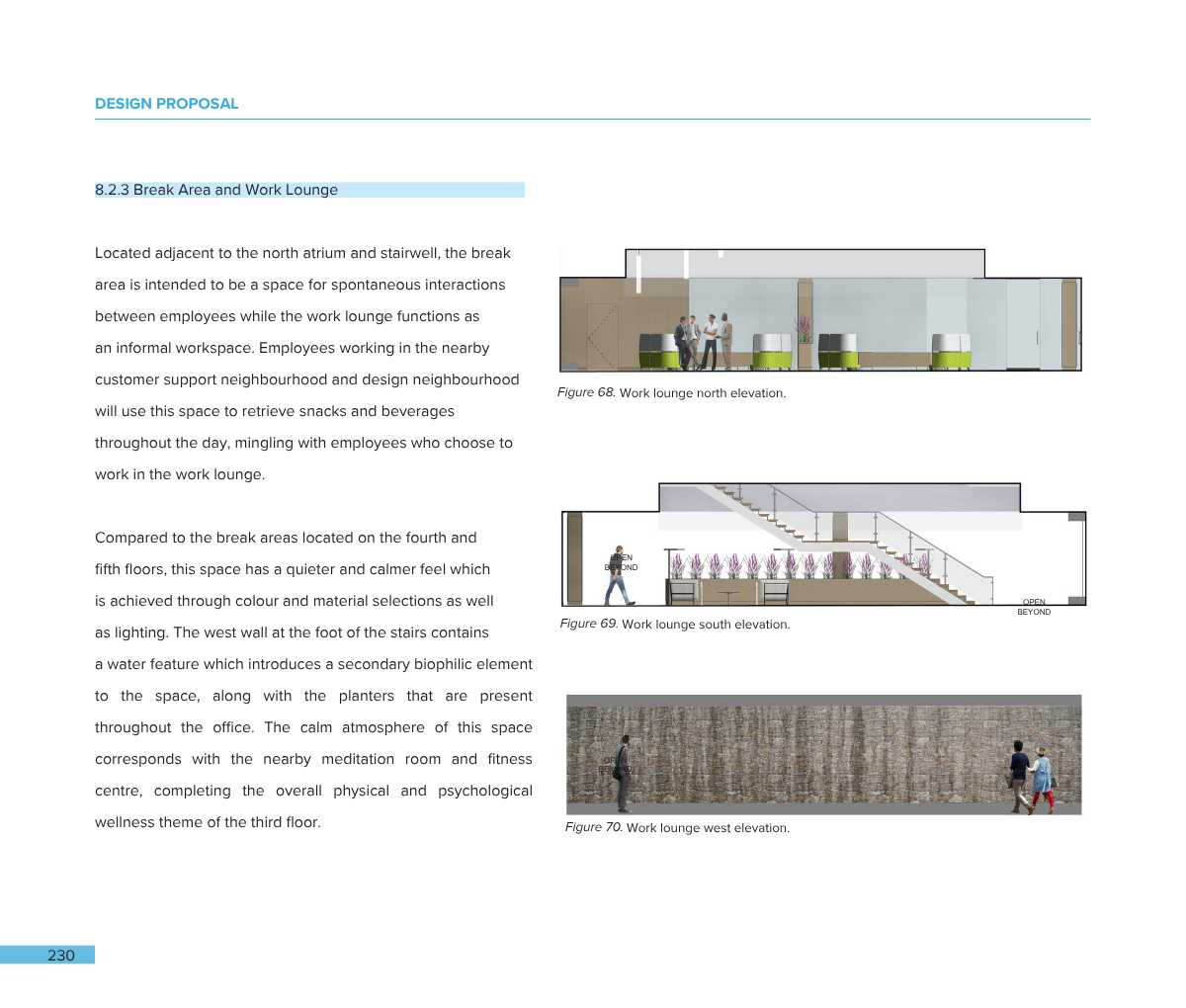Page from a design proposal showing three architectural elevations of a work lounge: north, south, and west. The north elevation features a reception area and lounge seating, the south elevation shows a staircase with a seating area and plants, and t