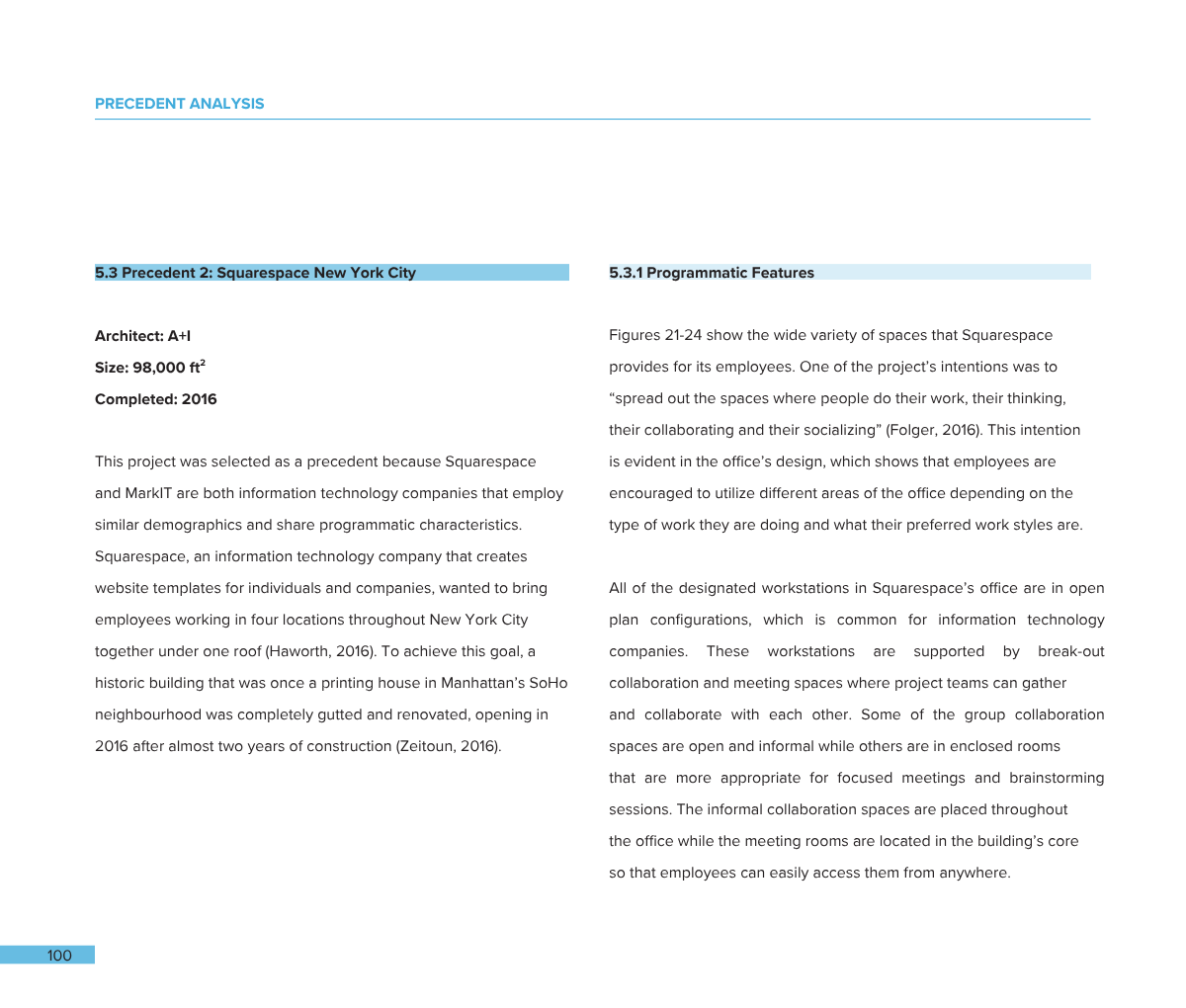 A two-page spread of a document with the title "Precedent Analysis". The left page contains details about a project for Squarespace New York City, including architect, size, and completion year, along with descriptive text. The right page discusses p