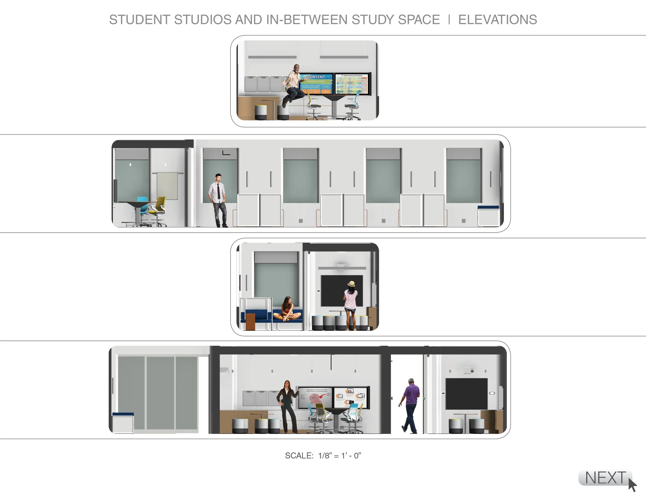Elevations of student study rooms showing different layouts and interior furnishings, including desks, chairs, and presentation areas, with people in each room.