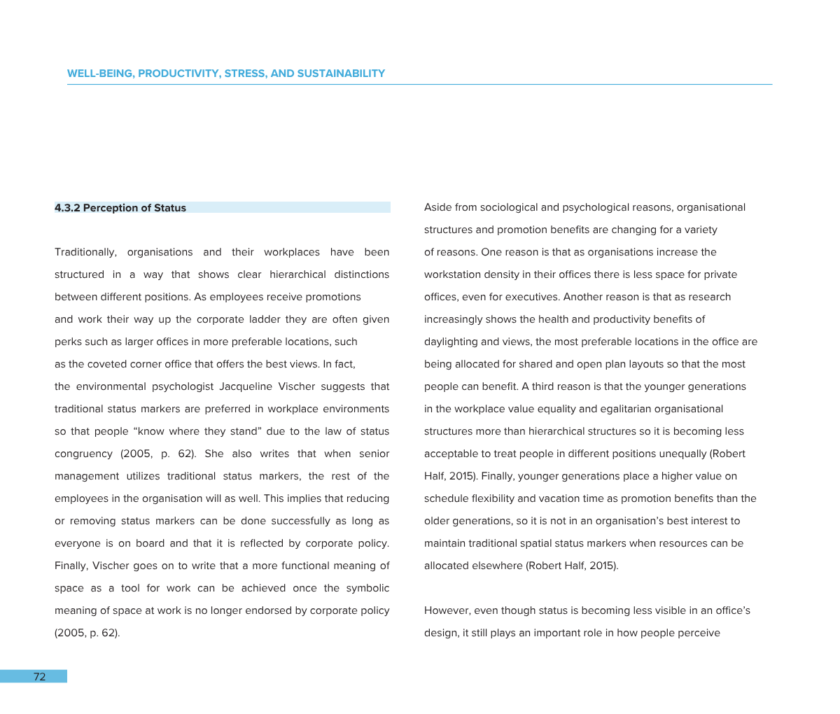 A book page with the title 'Well-Being, Productivity, Stress, and Sustainability.' The page includes section 4.3.2 titled 'Perception of Status' with dense text discussing organizational hierarchy, status markers, and workplace environment. The page 