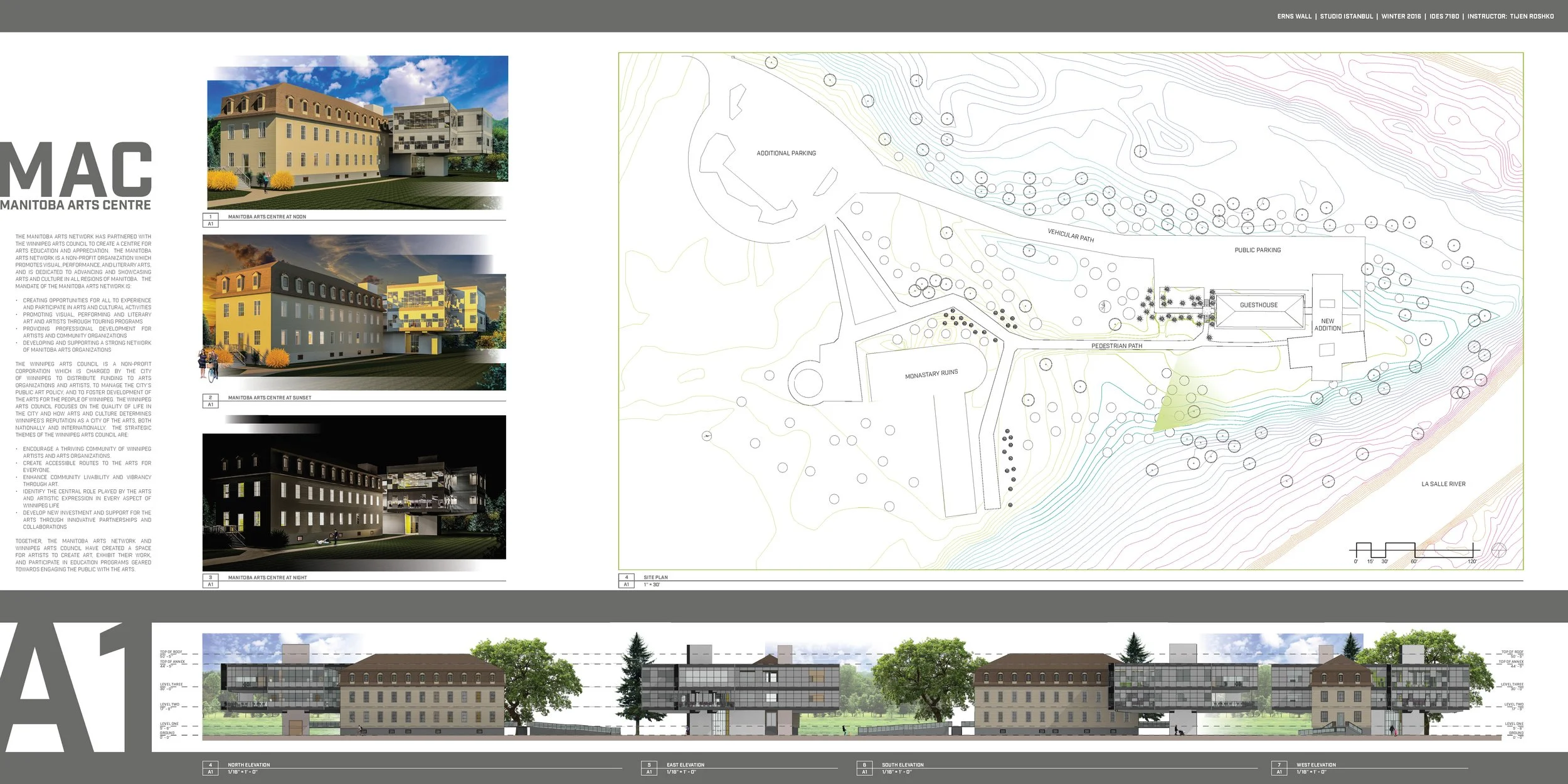 A detailed architectural plan for the Manitoba Arts Centre shows site layout, building elevations, and conceptual renders of the art center at sunset and night, including surrounding landscape and parking areas.