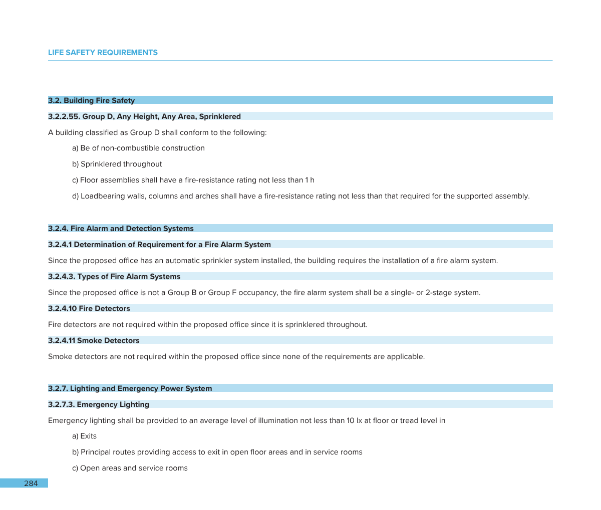 A screenshot of a technical document page outlining fire safety requirements for buildings, including sections on fire alarm systems, detectors, and emergency lighting.