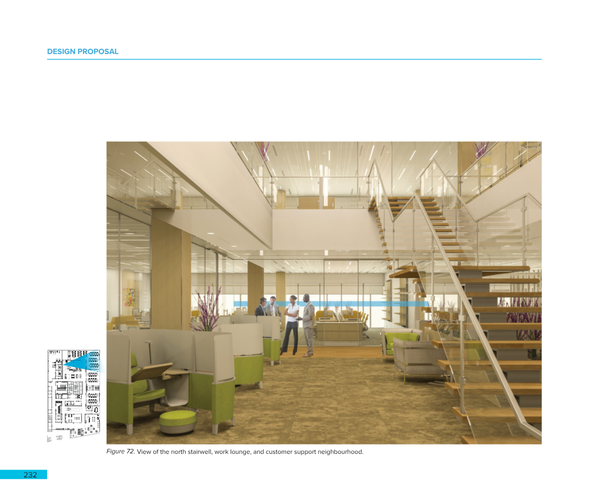 Modern office interior with seating areas, a staircase, and people having a discussion.