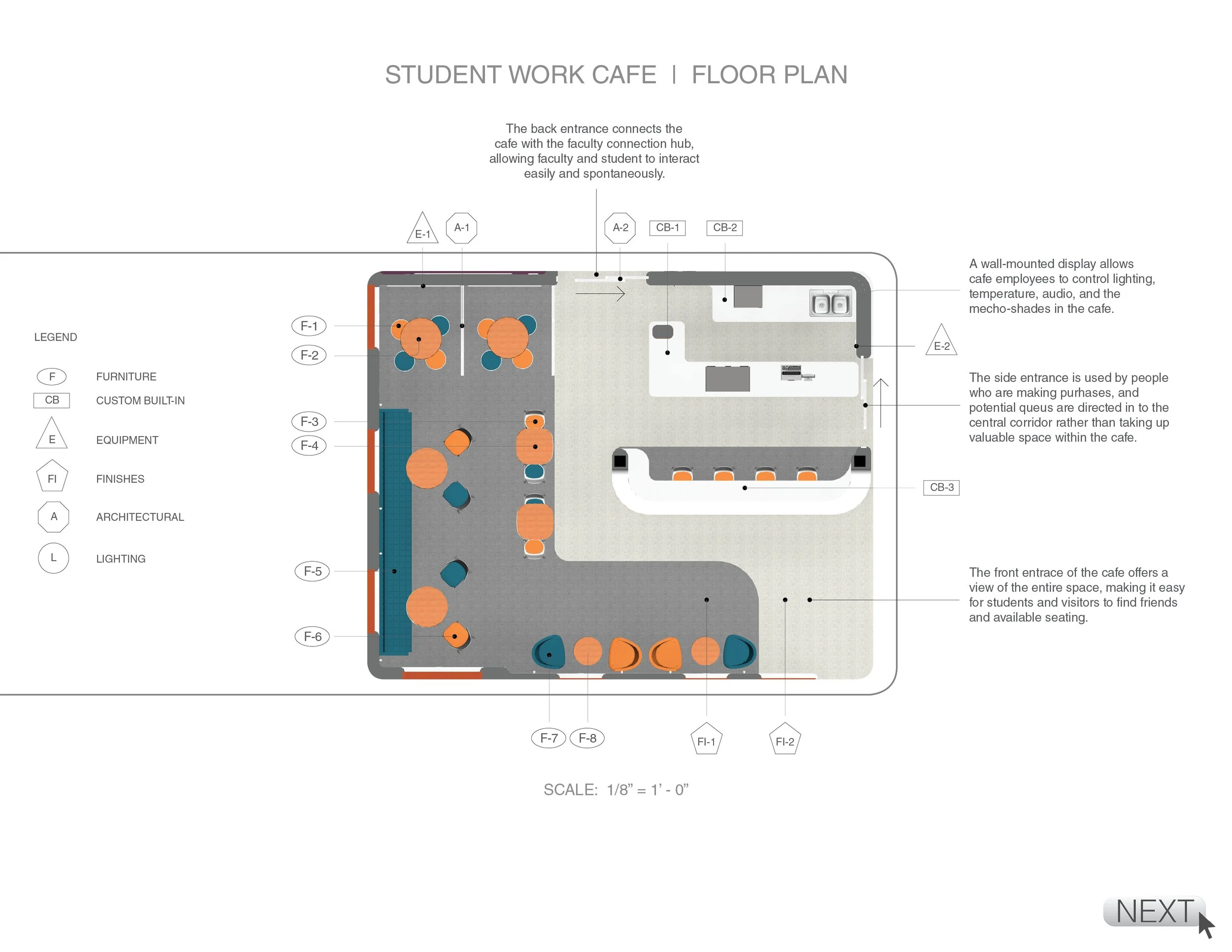 Floor plan of a student work cafe showing various seating areas, tables, and a counter with sink, with some seating areas marked with orange and blue chairs.