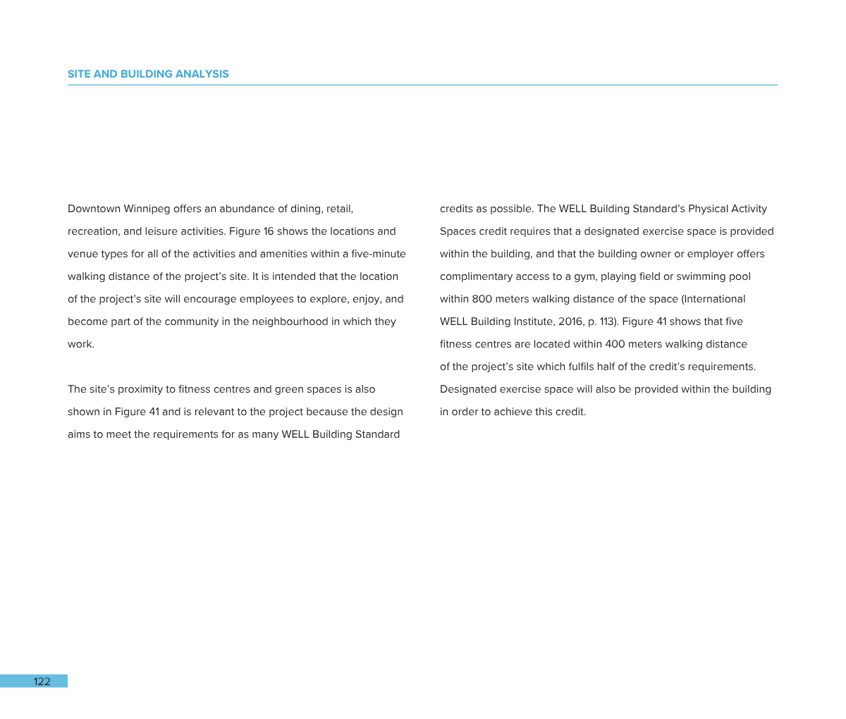 Page from a report or book with text discussing downtown Winnipeg, fitness centers, and WELL Building Standard compliance.
