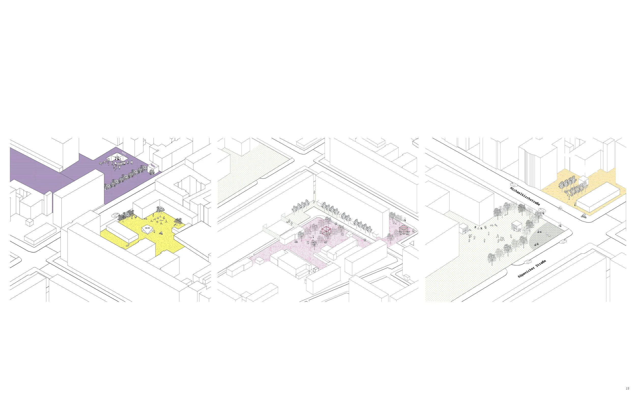 A colorful map of an urban area with various zones highlighted in purple, yellow, green, and pink, showing streets, buildings, trees, and public spaces.