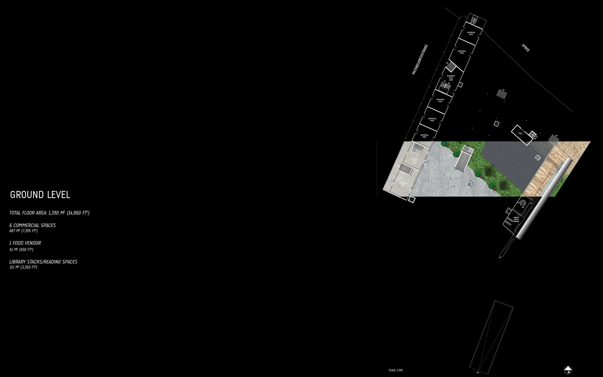 Architectural blueprint of a ground-level commercial and library space with labeled areas, outdoor landscaping, and total floor area details.