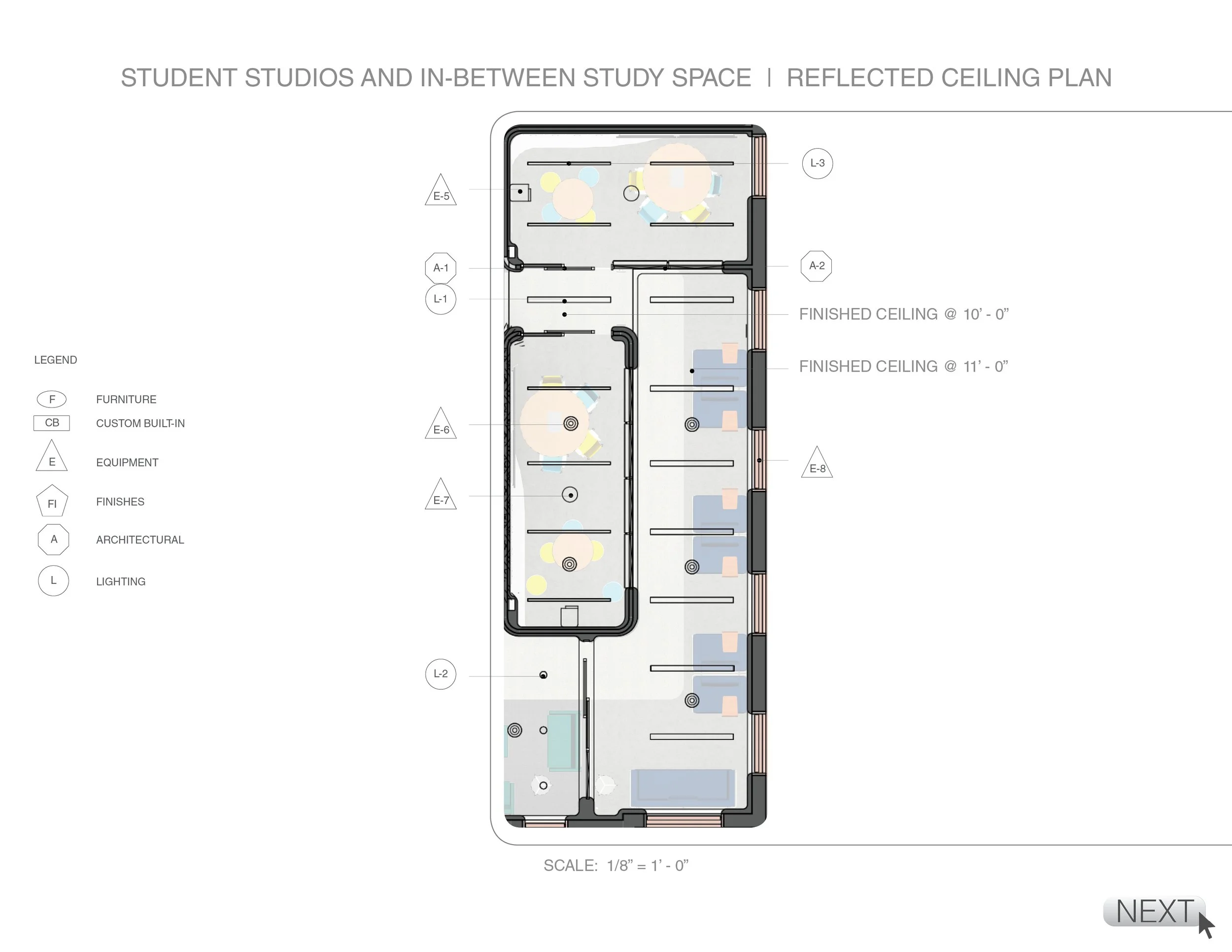 Floor plan of a student study and in-between space with labeled furniture, equipment, finishes, and architectural details, including ceiling heights.