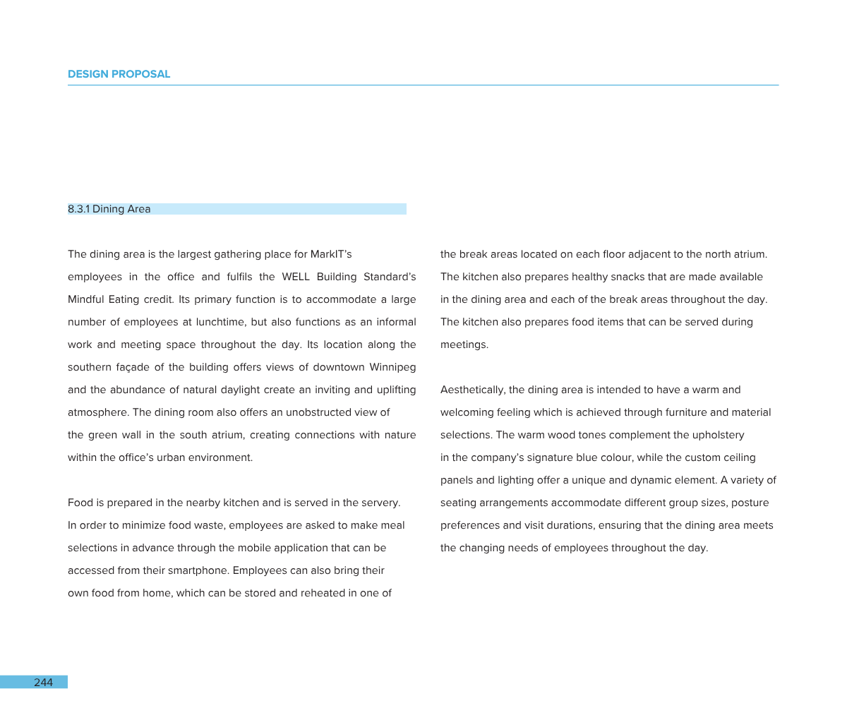 A two-page document with the title 'Design Proposal', section heading '8.3.1 Dining Area', and text describing the dining area's features, purpose, and layout, including views, kitchen facilities, furniture, and lighting.