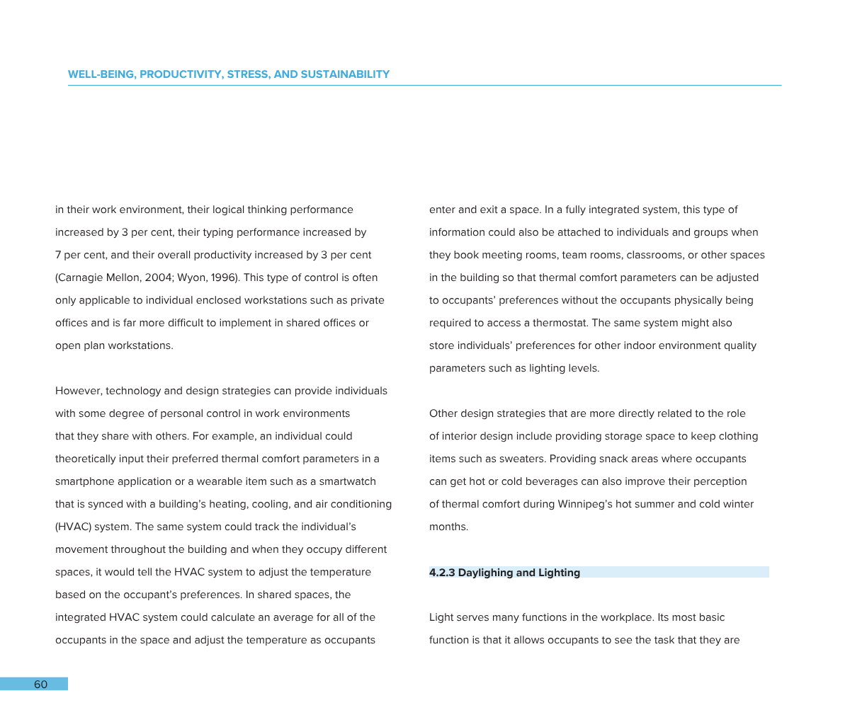 Page 60 of a document with text about well-being, productivity, stress, and sustainability, and a section heading titled '4.2.3 Daylighting and Lighting'.