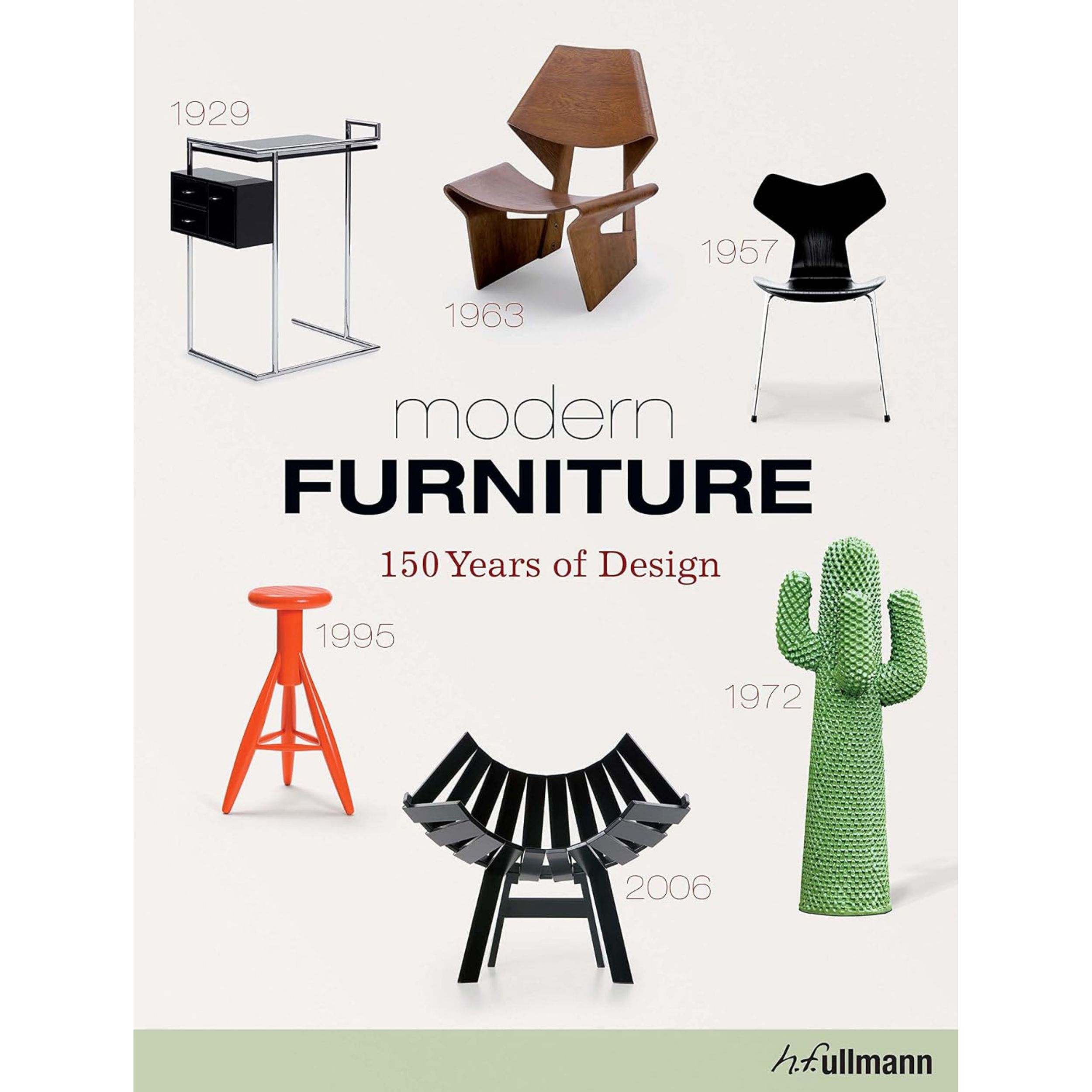 A collection of modern furniture designs from 1929 to 2006, including a black side table, a wooden chair, a black chair, an orange stool, and a green textured armchair, with their respective years labeled.