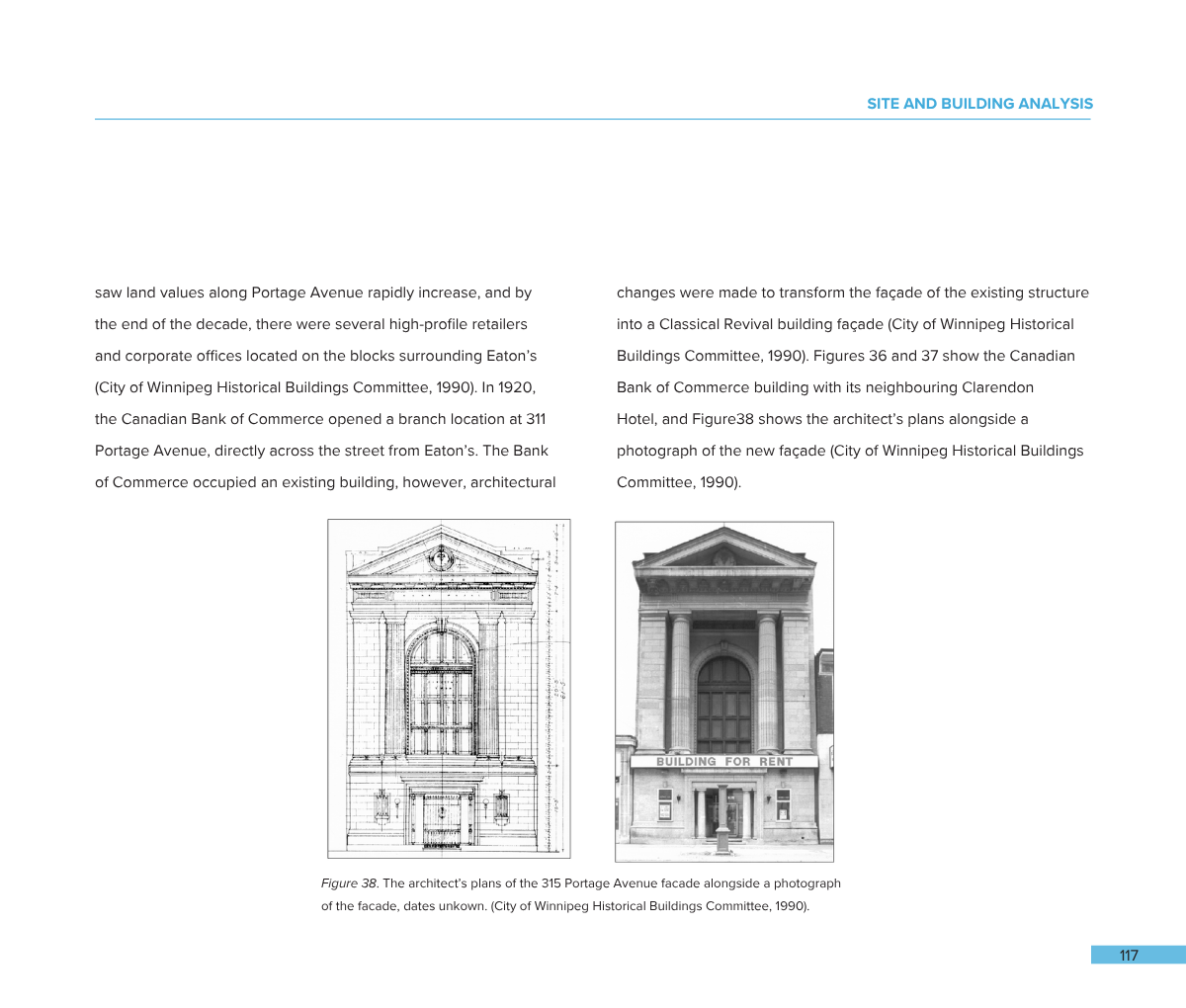 Page from a document showing architectural analysis of 315 Portage Avenue, including historic photographs and architectural plans of a classical revival building facade, with text describing changes and historical context.