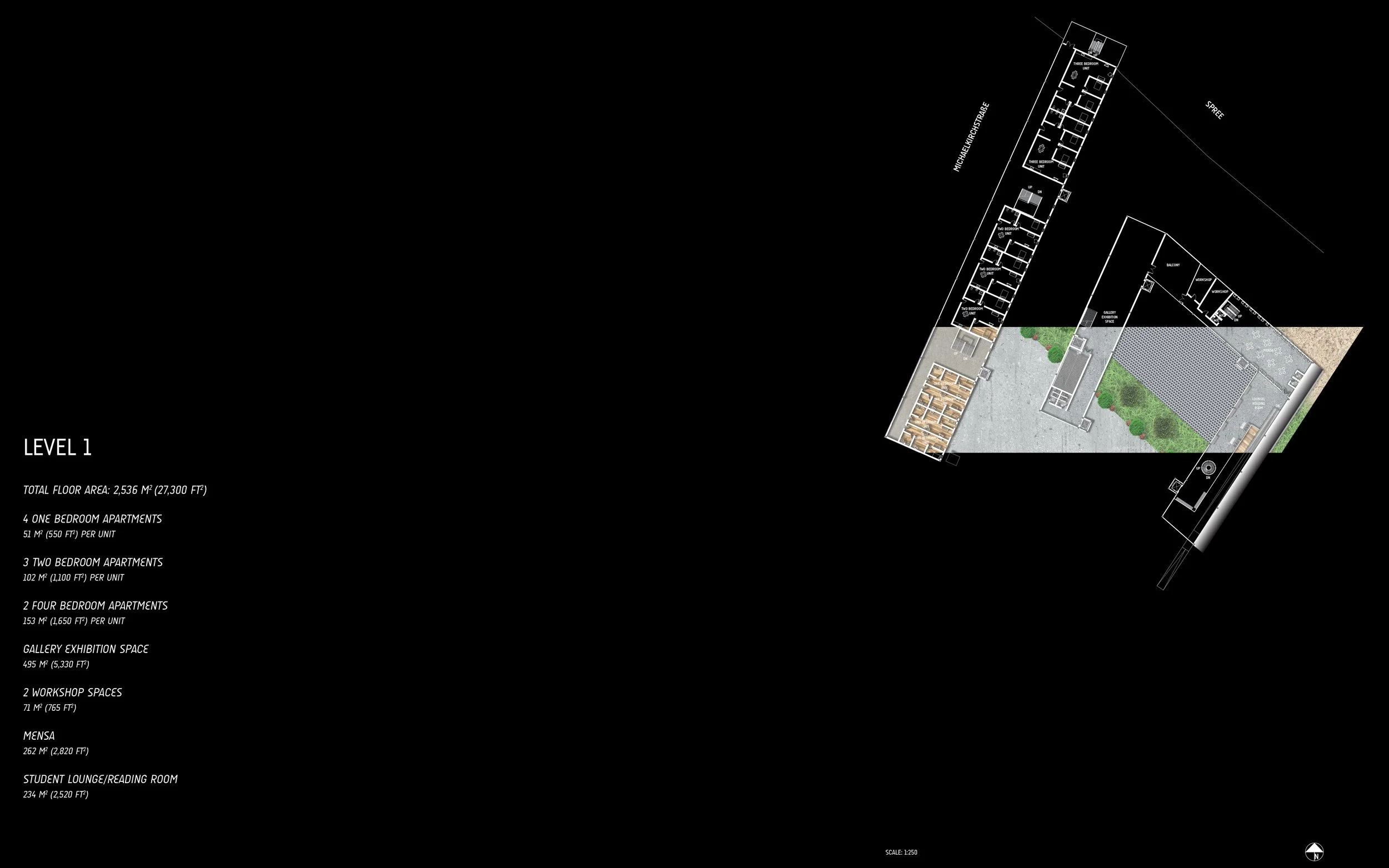 Architectural floor plan of a building's level 1, including apartment units, gallery exhibition space, workshop spaces, men's and student lounge areas, with labels and measurements.