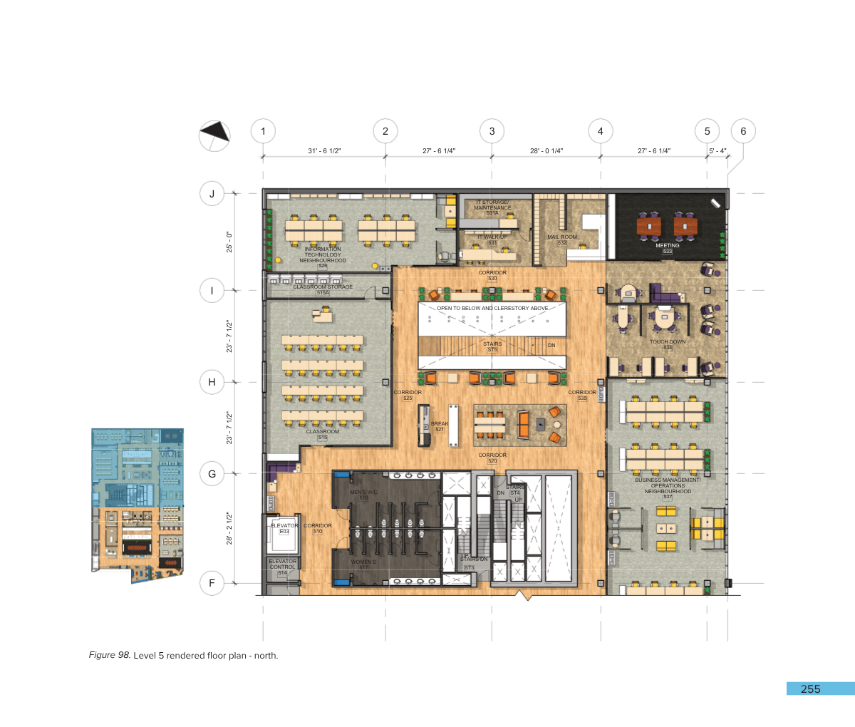 A detailed architectural floor plan of a building's fifth level, showing various rooms such as classrooms, meeting rooms, corridors, staircases, elevators, storage areas, and open spaces.