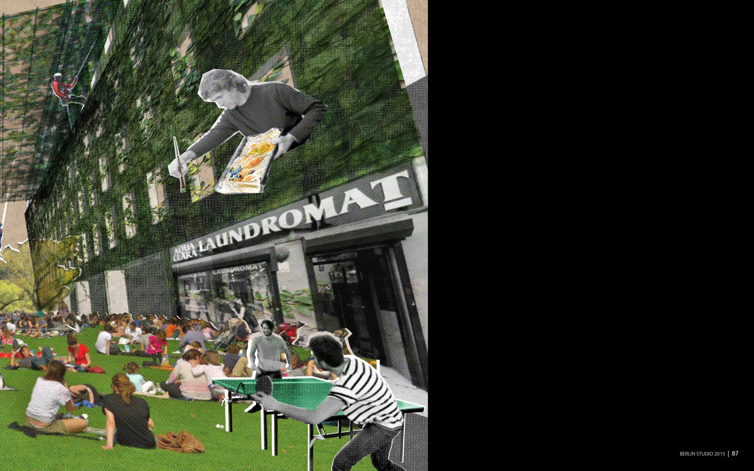 A busy outdoor scene with many people sitting on the grass, with some standing and walking around, in front of a building with a sign that reads 'LAUNDROMAT'. There are trees and a person is watering the grass in the foreground. Another person in a s