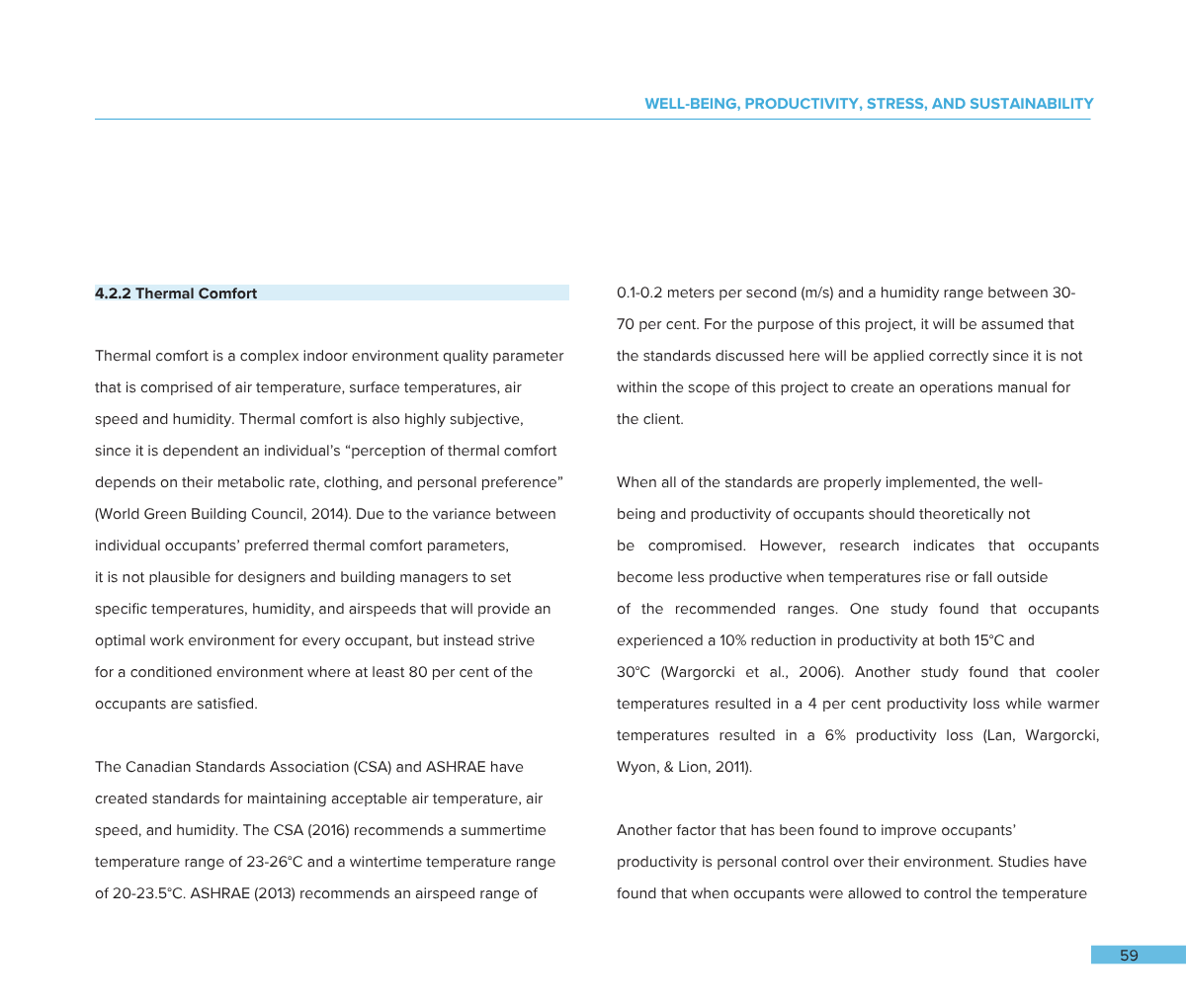 Text-heavy page discussing well-being, productivity, stress, and sustainability, with a highlighted section titled '4.2.2 Thermal Comfort' and page number 59 at the bottom.