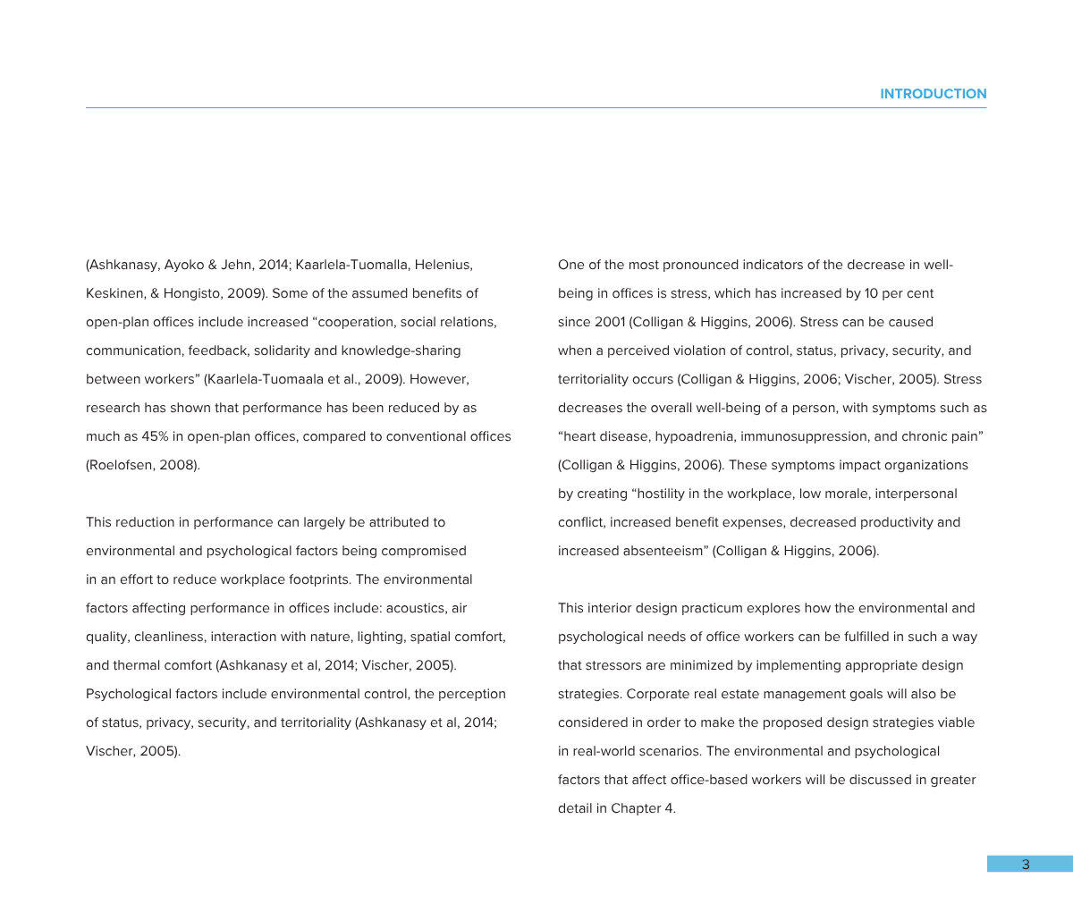 Open journal or scientific report with text about workplace stress and office design, numbered page 3.