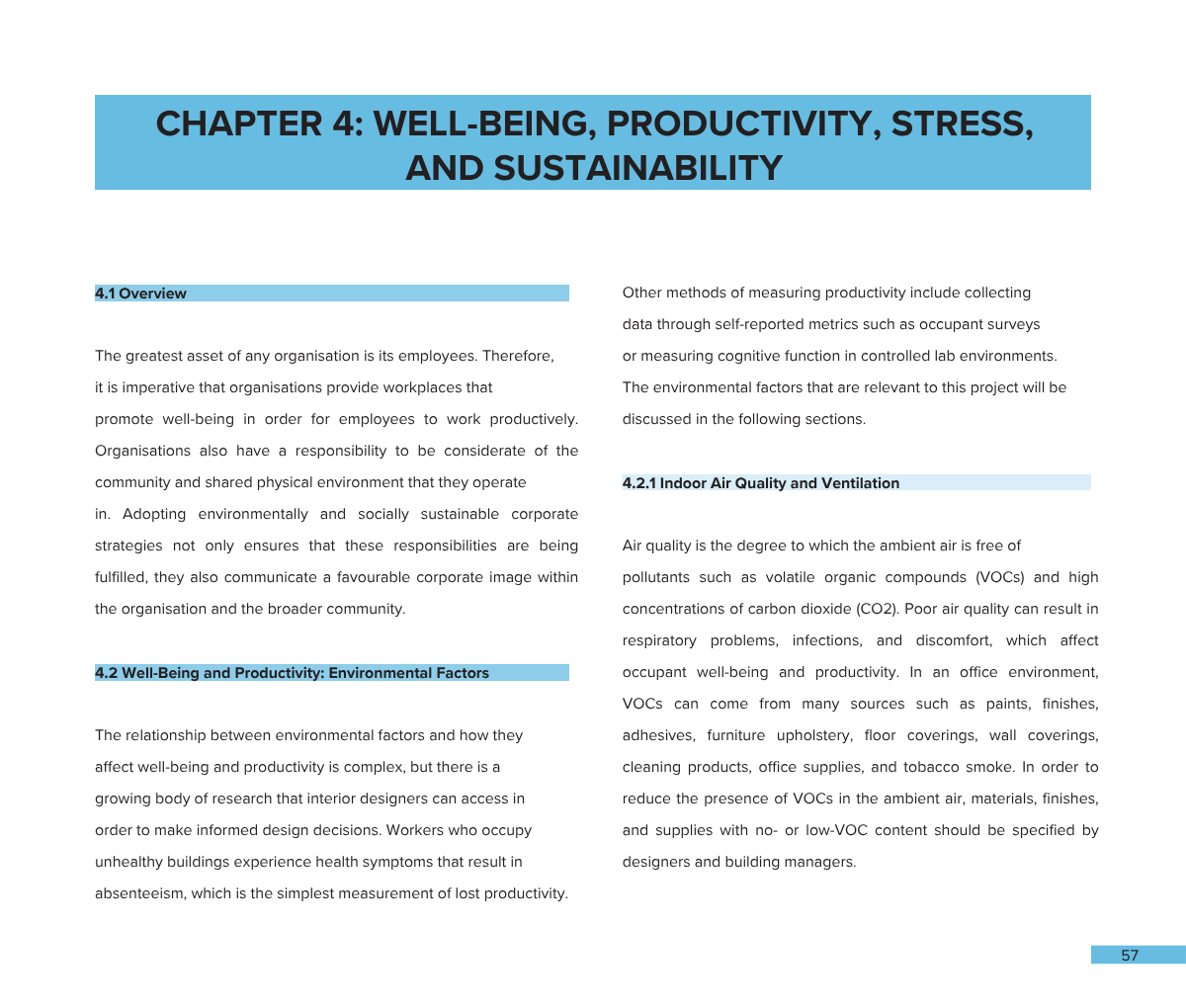 Page from a report or book titled 'Chapter 4: Well-being, Productivity, Stress, and Sustainability'. The page contains sections on environmental factors affecting well-being and productivity, indoor air quality, and the importance of sustainable work