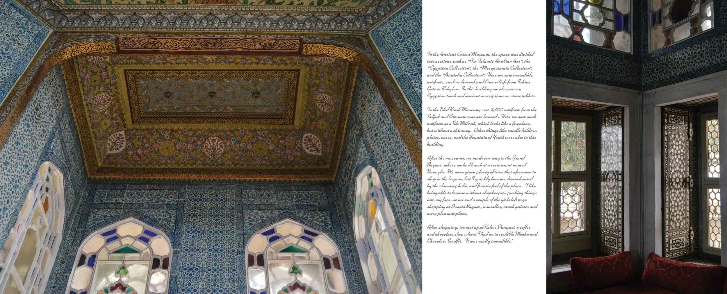 Photo of an ornate ceiling with intricate floral and geometric designs in gold, red, and blue, inside a historic building, with decorative stained glass windows underneath.