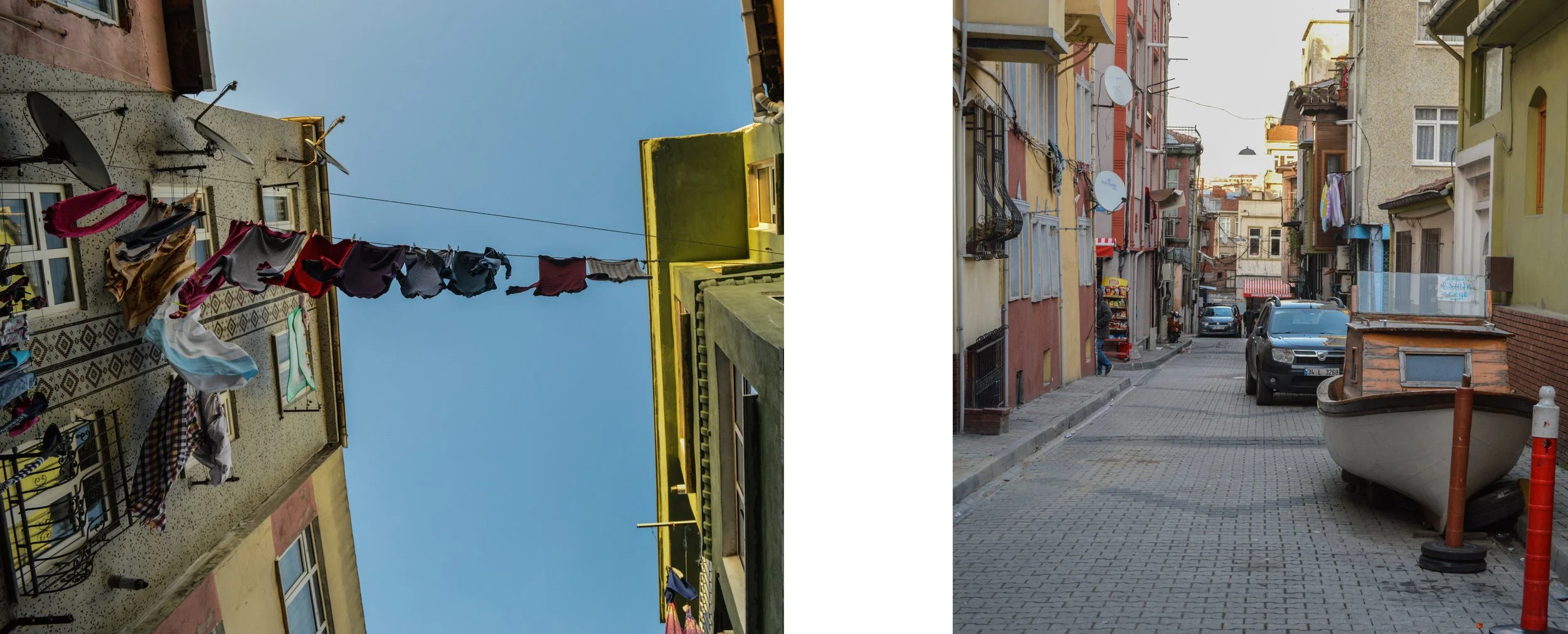 Two photos of a narrow urban street with colorful buildings. The left photo shows clothes hanging to dry on a line stretched between buildings, with satellite dishes and windows on the building walls, and a clear blue sky. The right photo shows a str