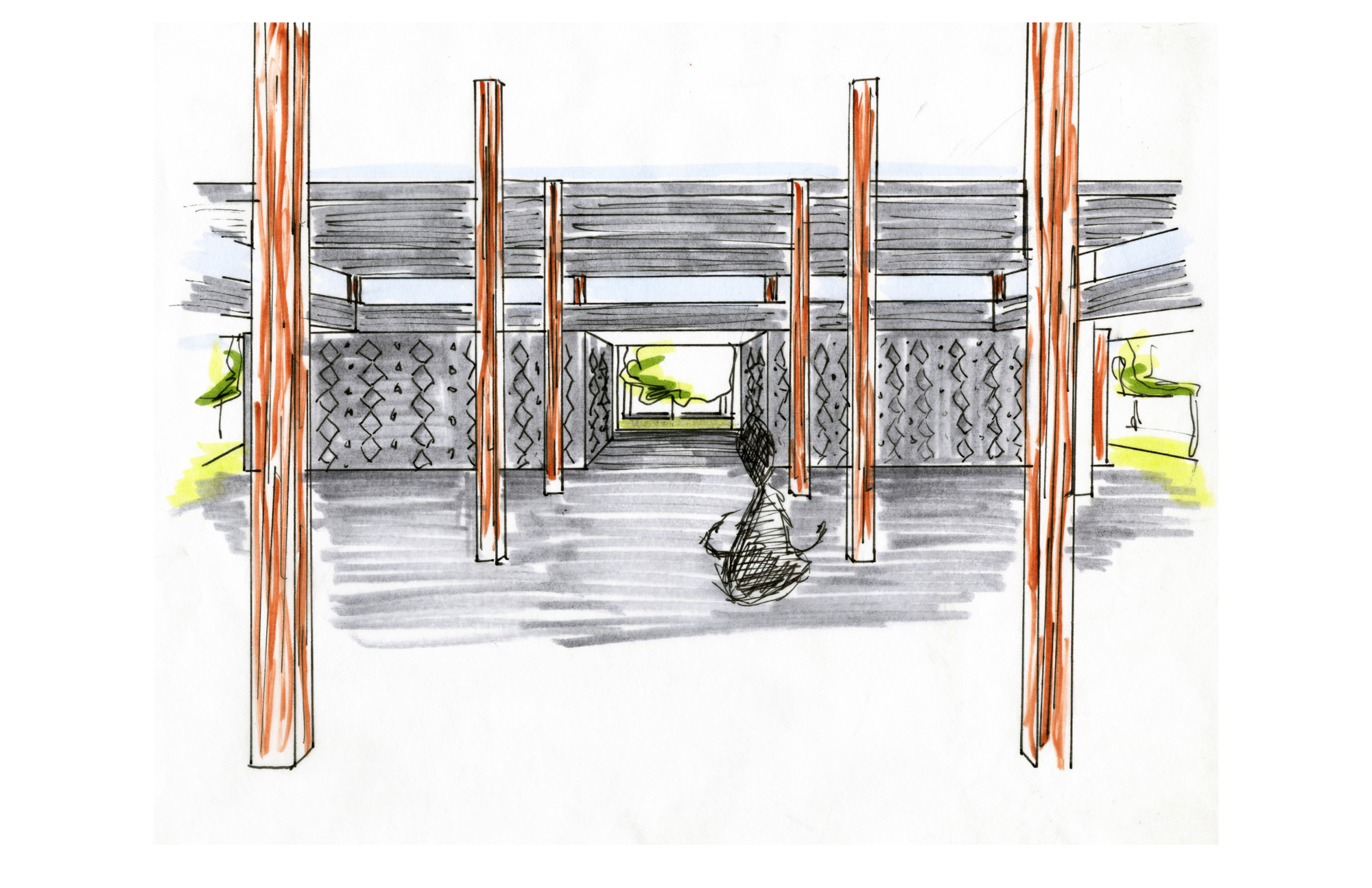 Sketch of a modern outdoor living space with a deck, wooden support beams, and a person sitting on the ground. Greenery is visible in the background.