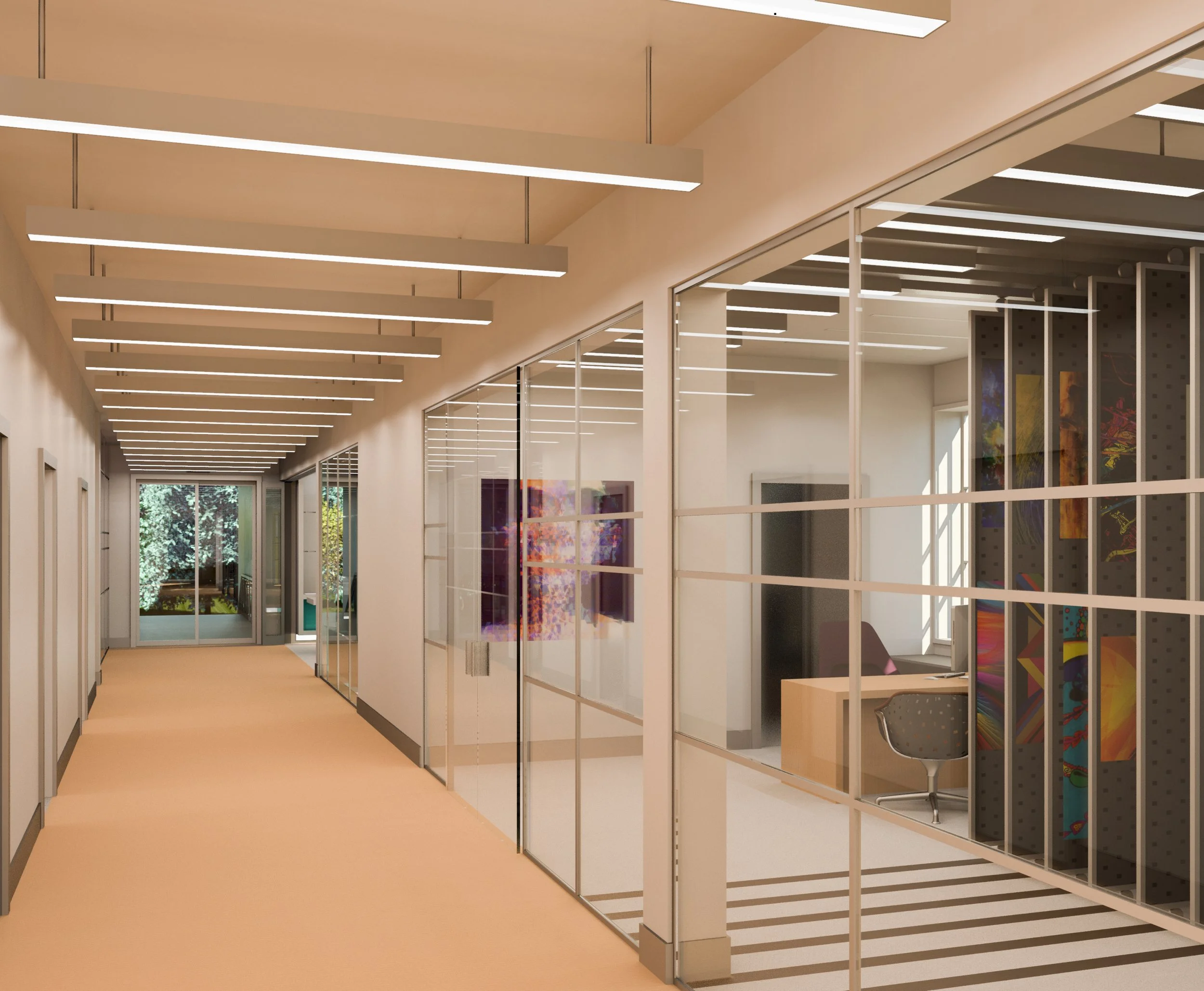 A modern interior corridor with ceiling-mounted linear lights, glass partitions, and an art display. A window at the end shows trees outside.