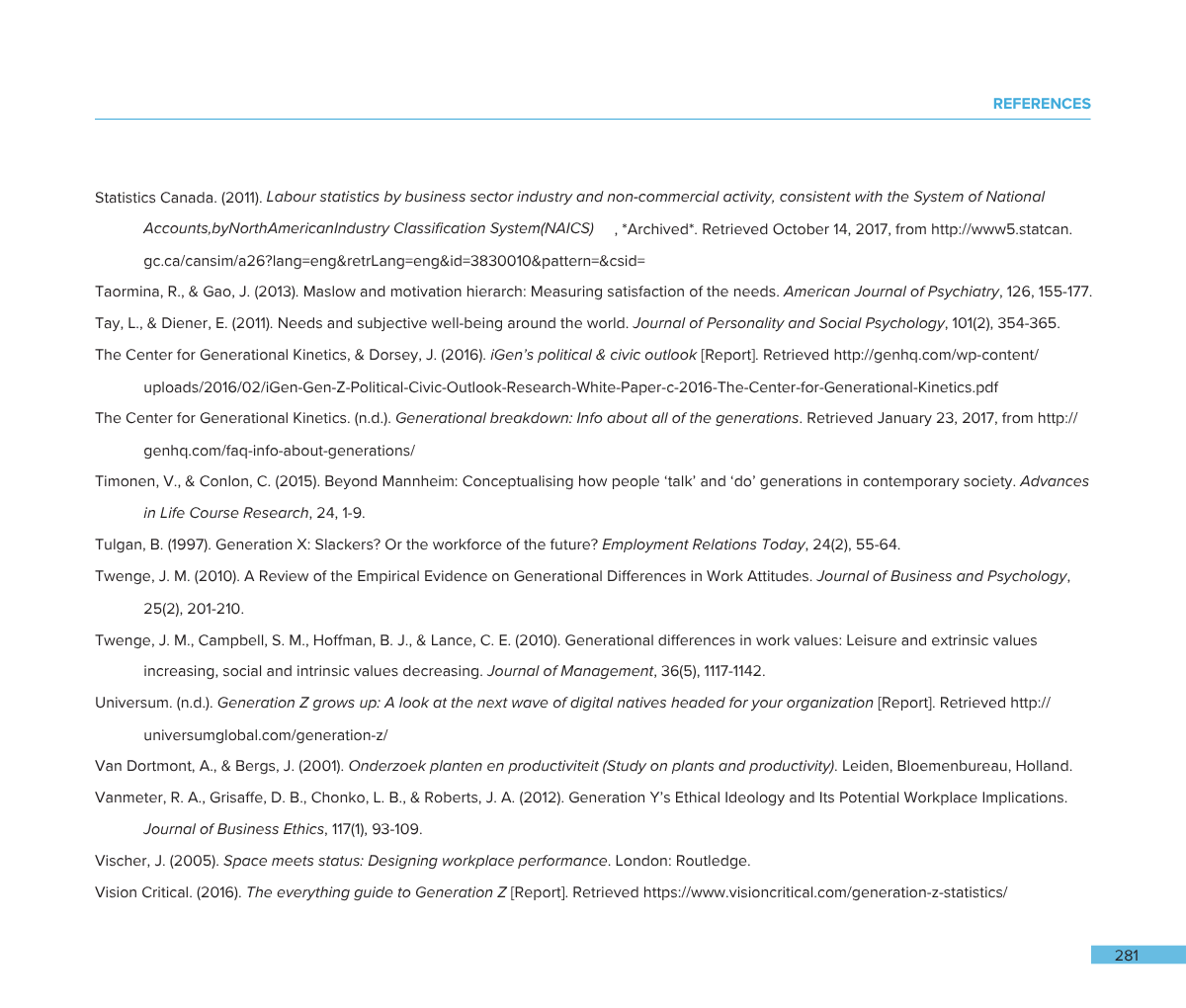 A page of references from an academic paper or report, listing various sources on topics related to generational differences, workplace attitude, and productivity.