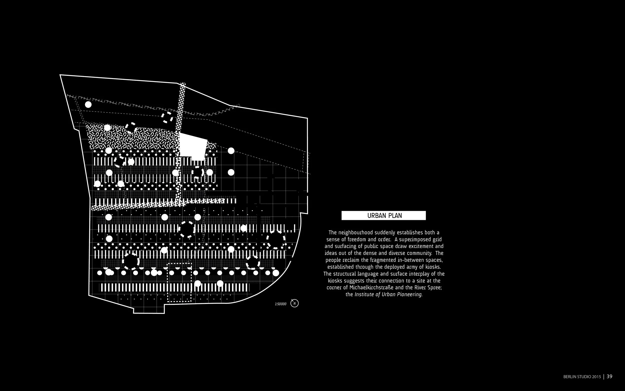 A black and white urban planning diagram with various lines, dots, and symbols representing city layout elements, accompanied by a descriptive paragraph about urban design.