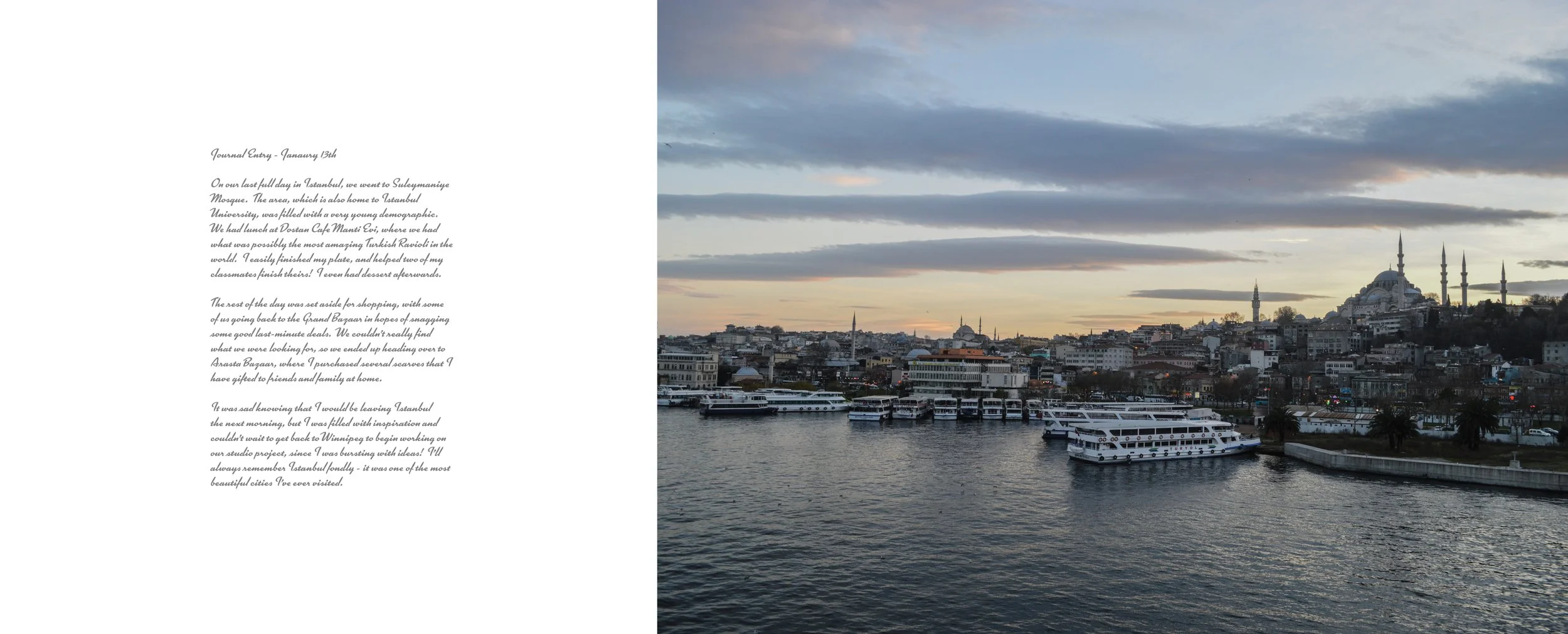 A photo of Istanbul's skyline at sunset, featuring a mosque with multiple minarets, a waterfront filled with boats and ferries, and a cityscape with various buildings under a partly cloudy sky.