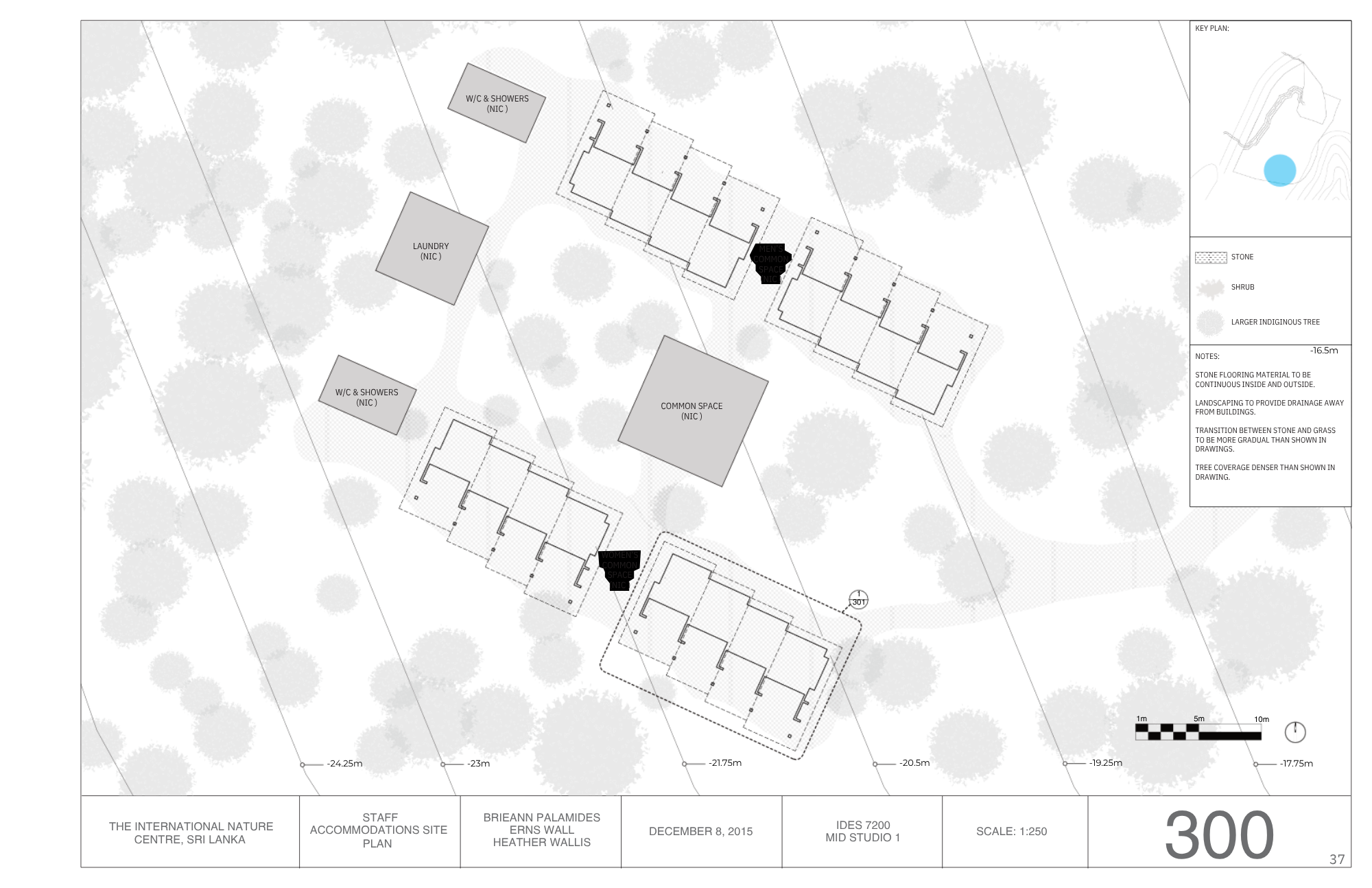 Architectural site plan showing buildings, pathways, and landscaping elements for the International Nature Centre, Sri Lanka, including design details and notes.