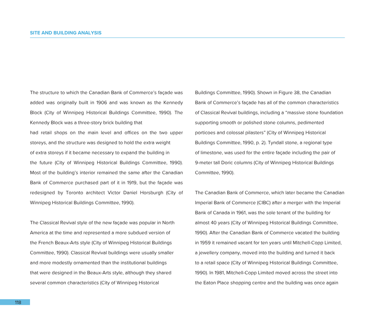Text from a two-page scanned document discussing the history and characteristics of the Canadian Bank of Commerce's façade, which resembles Classical Revival architecture, with mentions of specific architectural features and historical details.